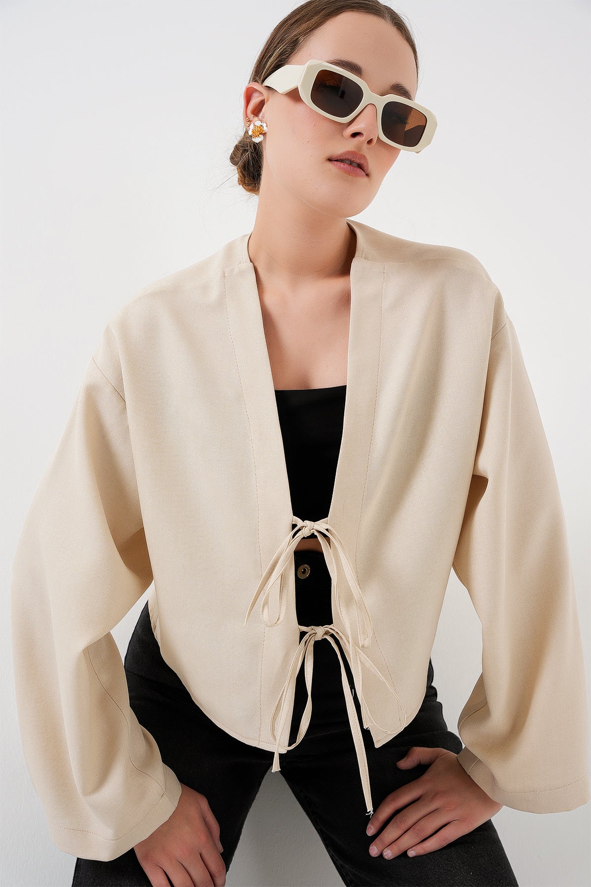 Image of Önü Bağlamalı Keten Kimono 960 - Krem