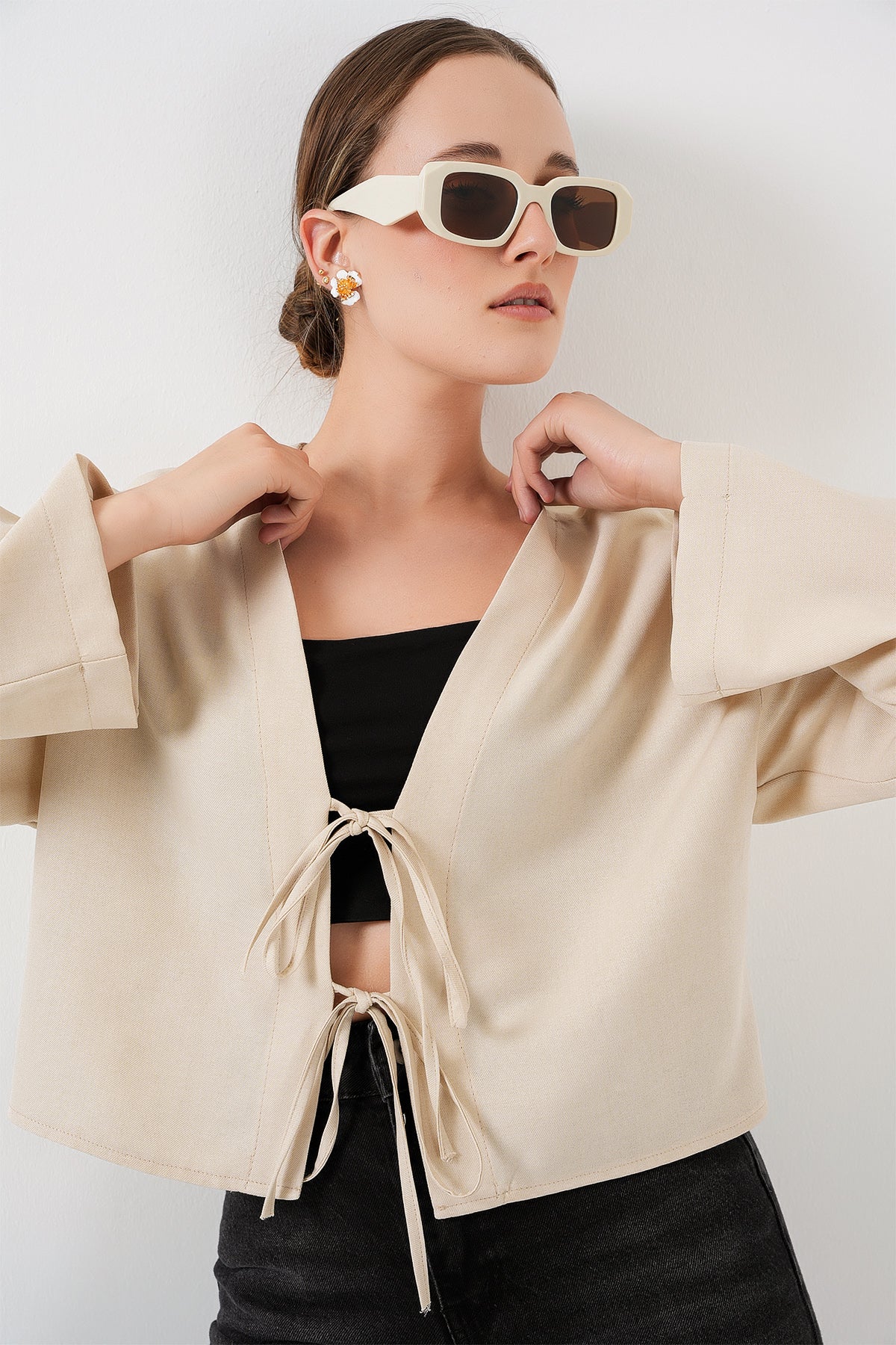 Image of Önü Bağlamalı Keten Kimono 960 - Krem