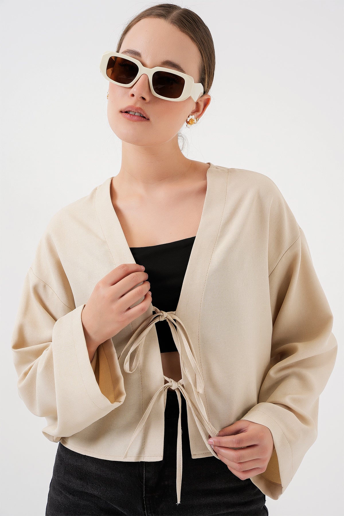 Image of Önü Bağlamalı Keten Kimono 960 - Krem