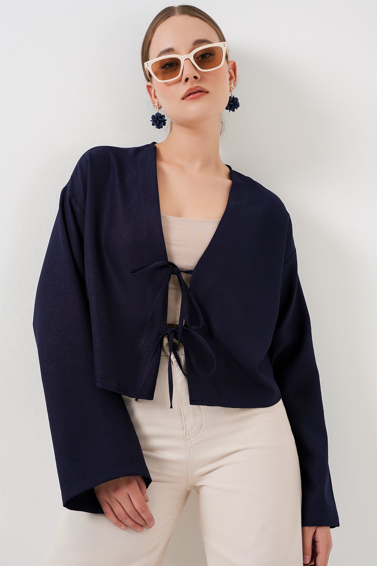 Image of Önü Bağlamalı Keten Kimono 960 - Lacivert