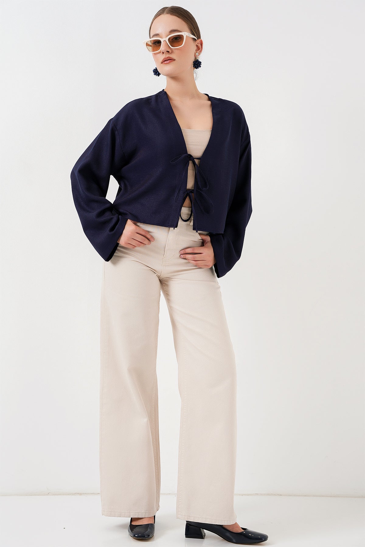 Image of Önü Bağlamalı Keten Kimono 960 - Lacivert