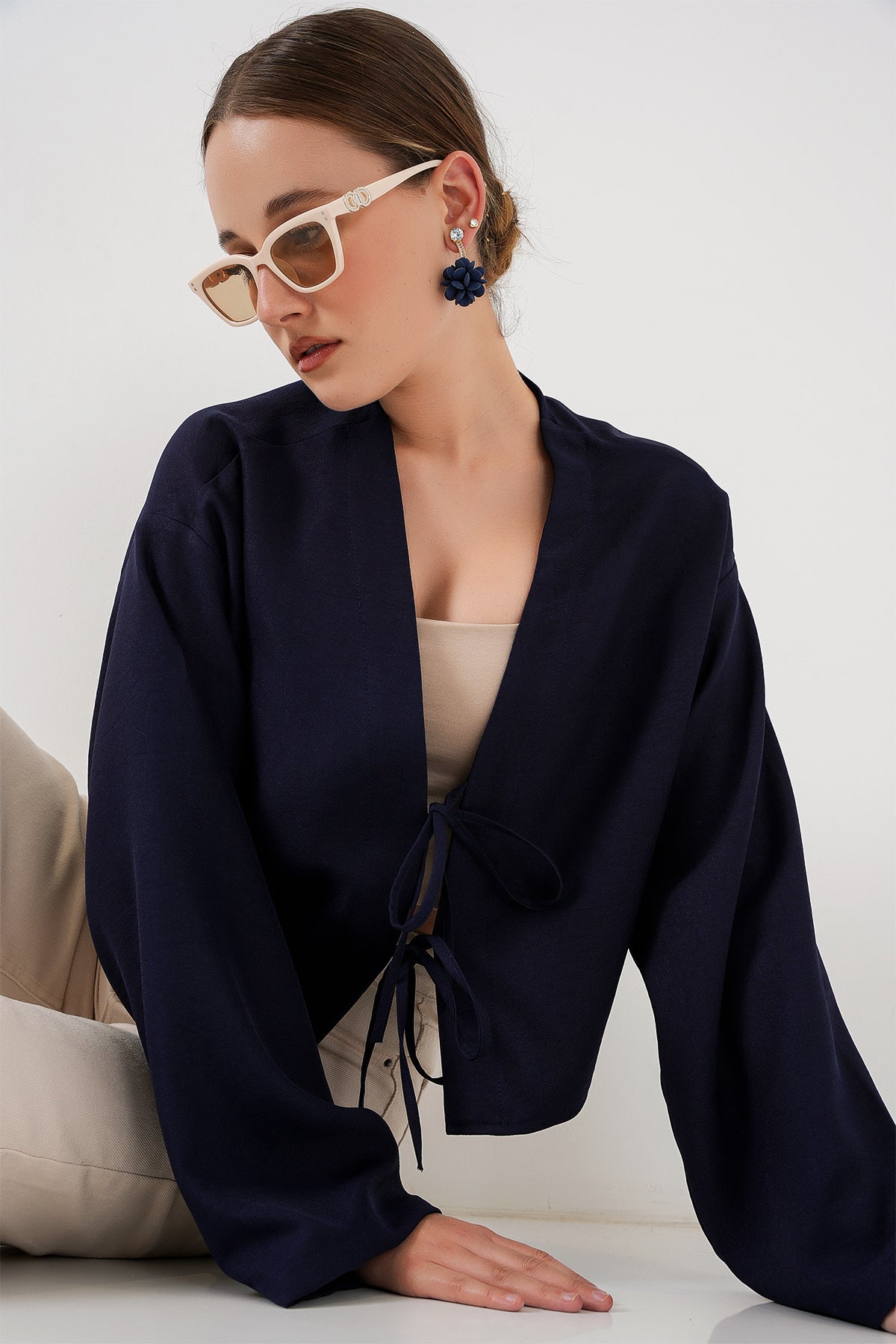 Image of Önü Bağlamalı Keten Kimono 960 - Lacivert