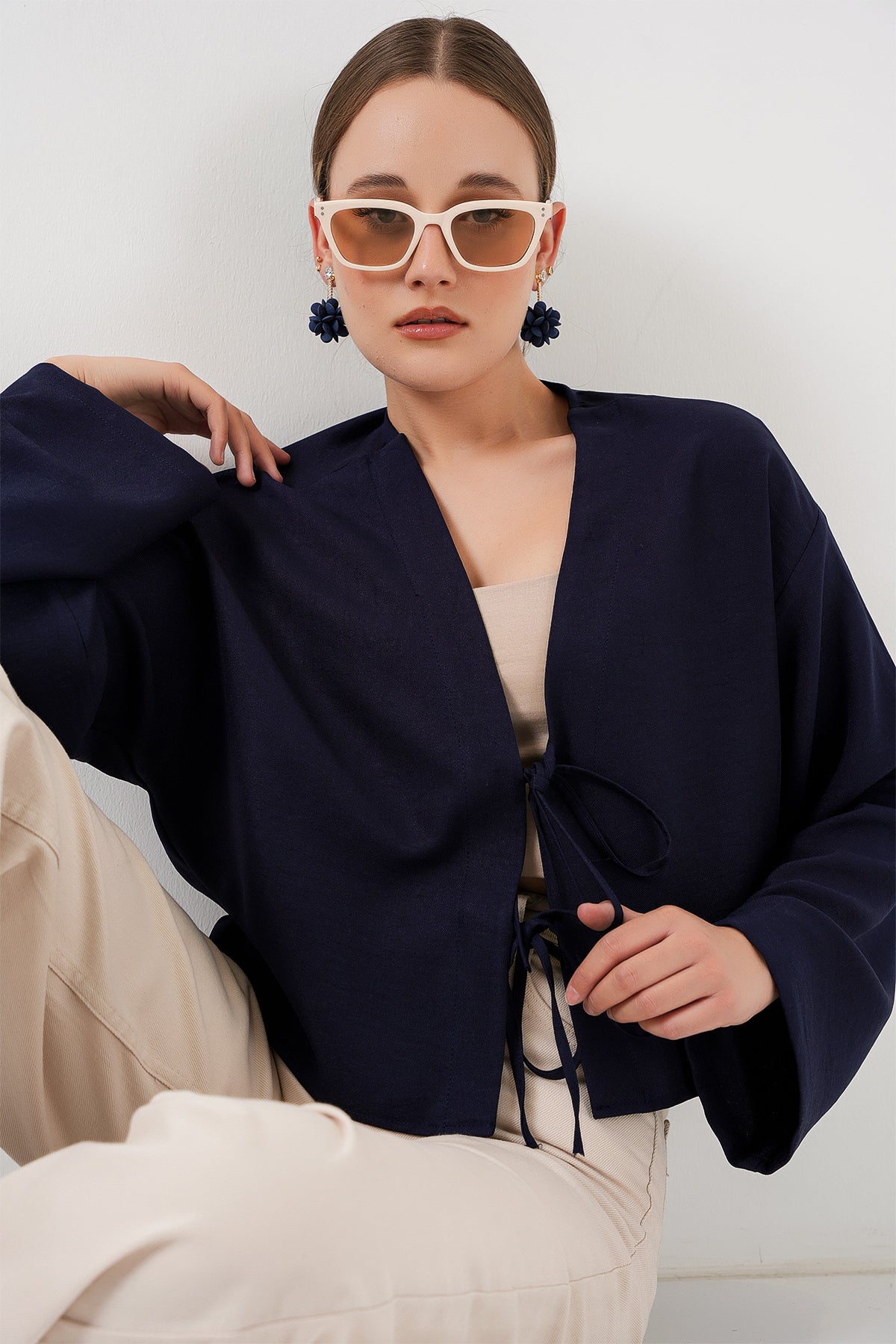Image of Önü Bağlamalı Keten Kimono 960 - Lacivert