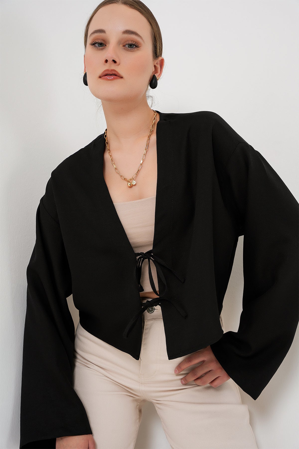 Image of Önü Bağlamalı Keten Kimono 960 - Siyah