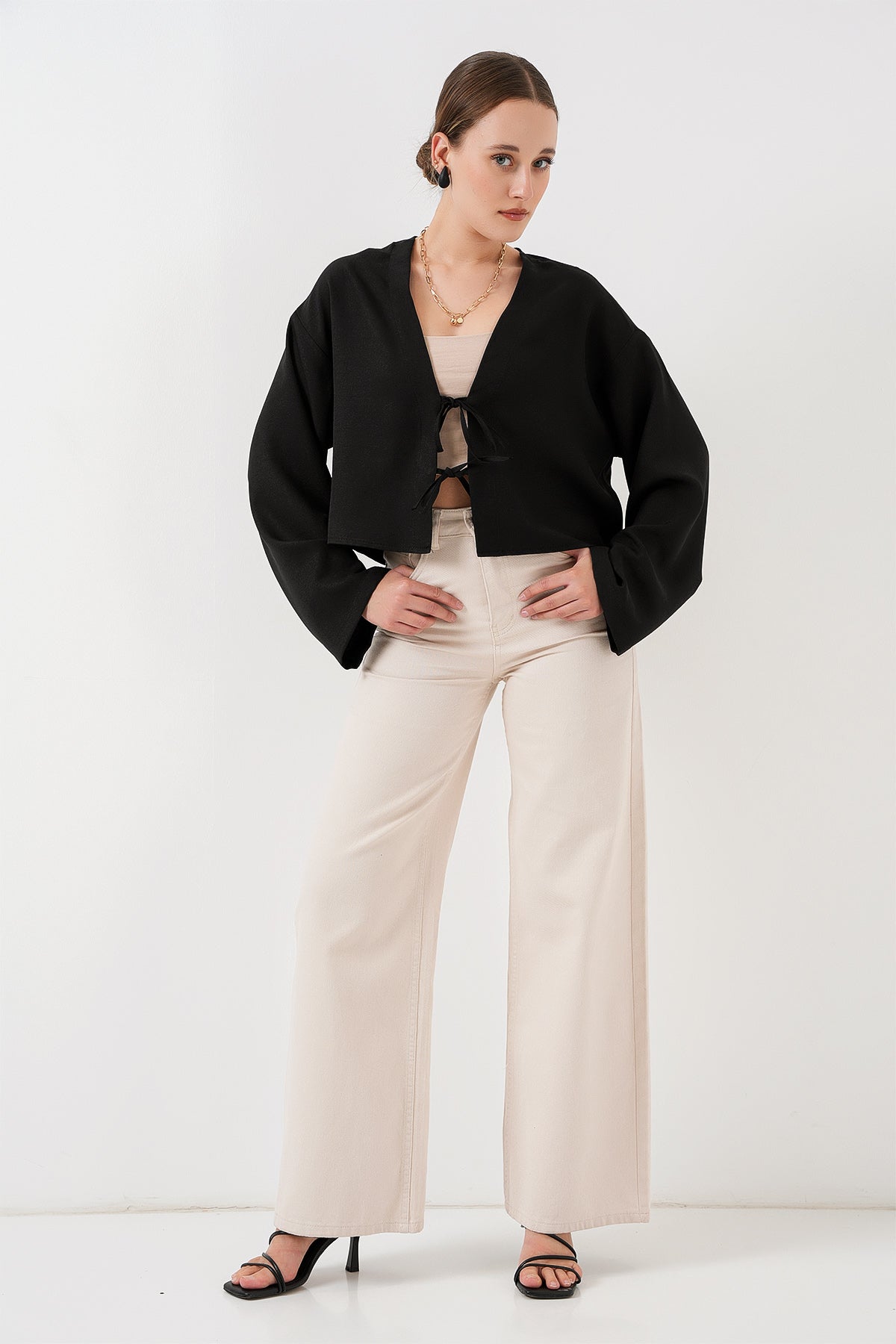 Image of Önü Bağlamalı Keten Kimono 960 - Siyah