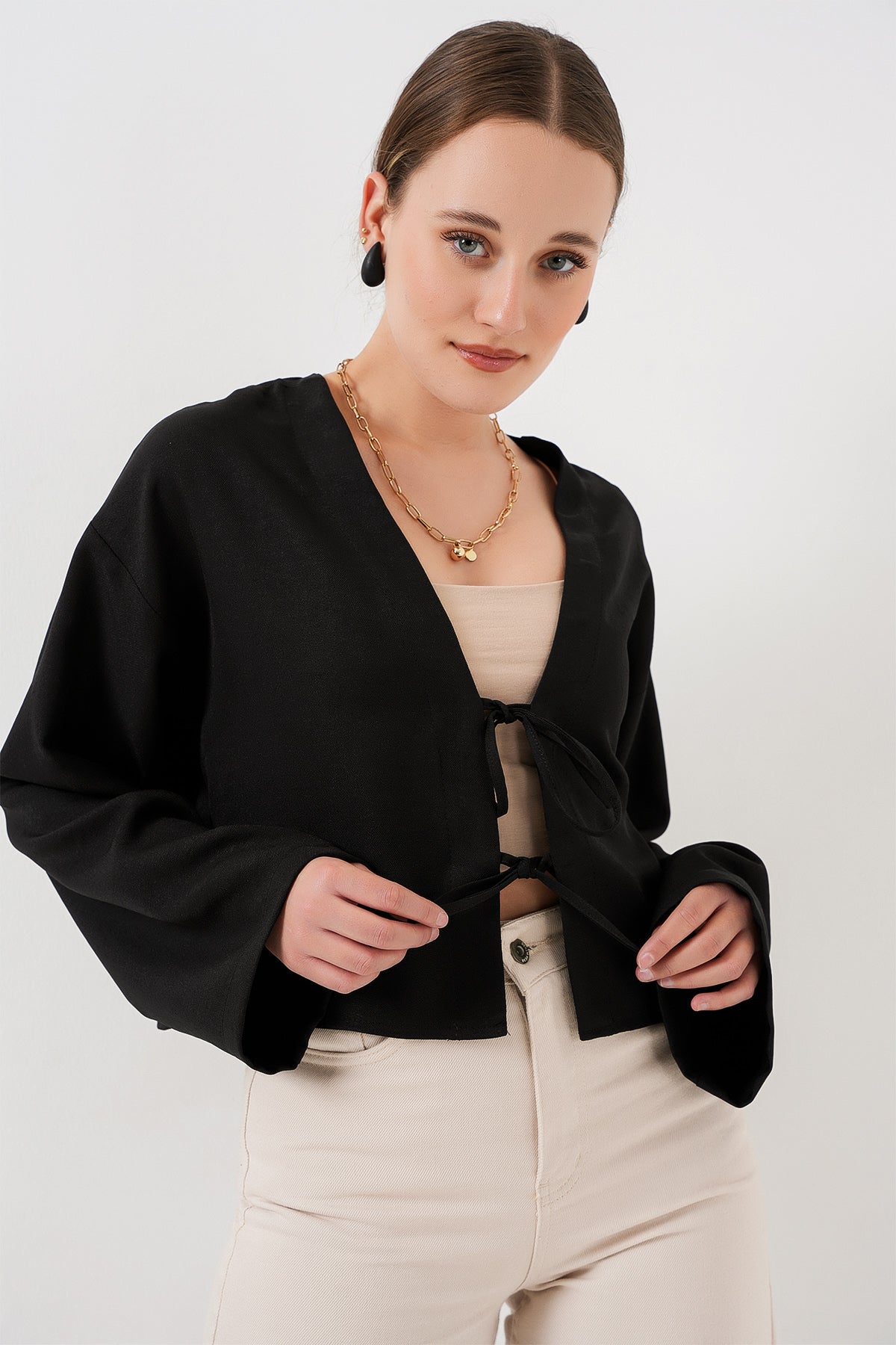 Image of Önü Bağlamalı Keten Kimono 960 - Siyah