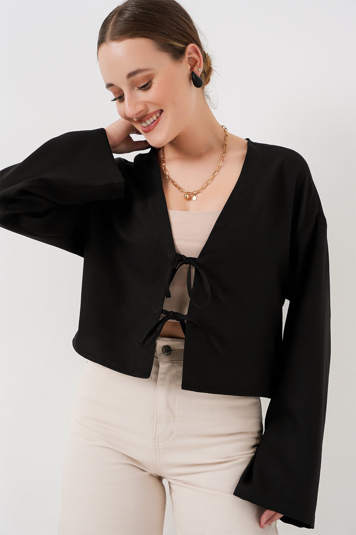 Image of Önü Bağlamalı Keten Kimono 960 - Siyah