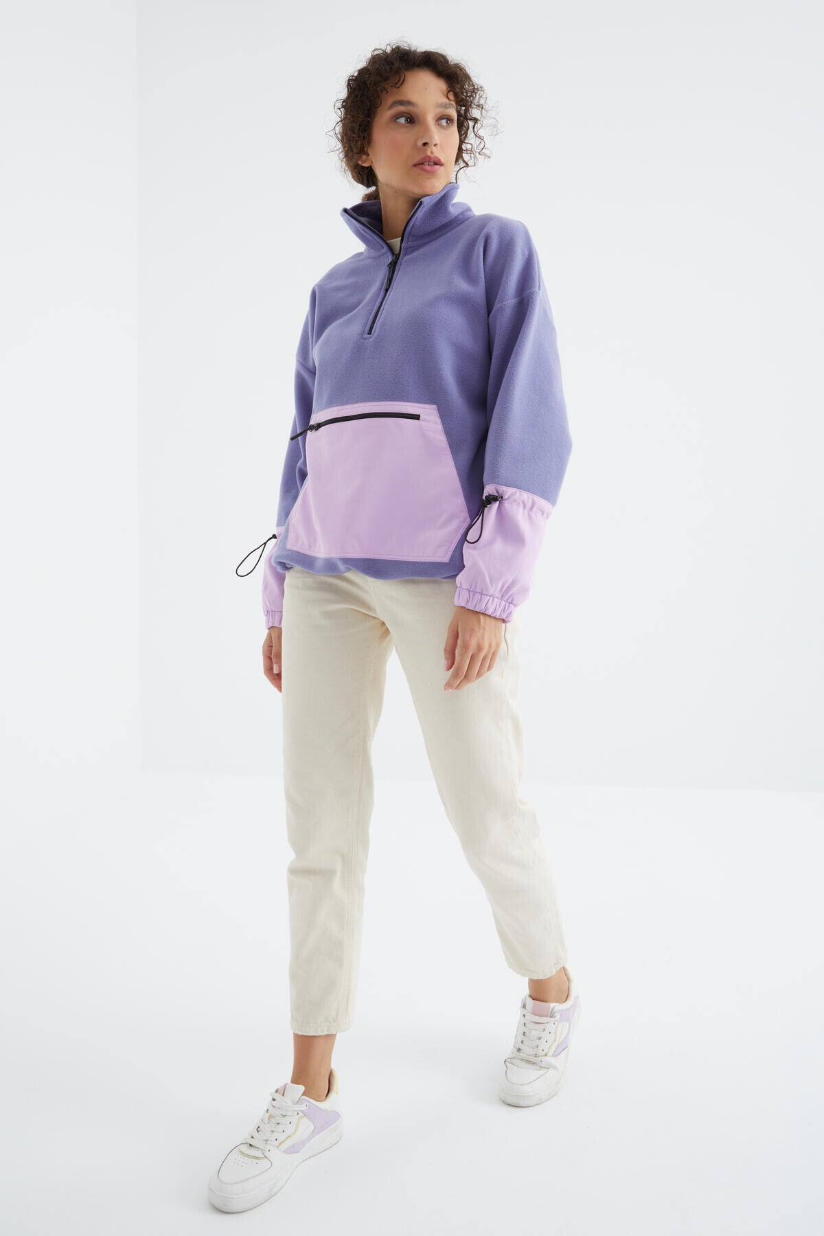 Image of Açık Eflatun Etek Ucu Büzgülü Yarım Fermuarlı Oversize Kadın Polar Sweatshirt - 97238