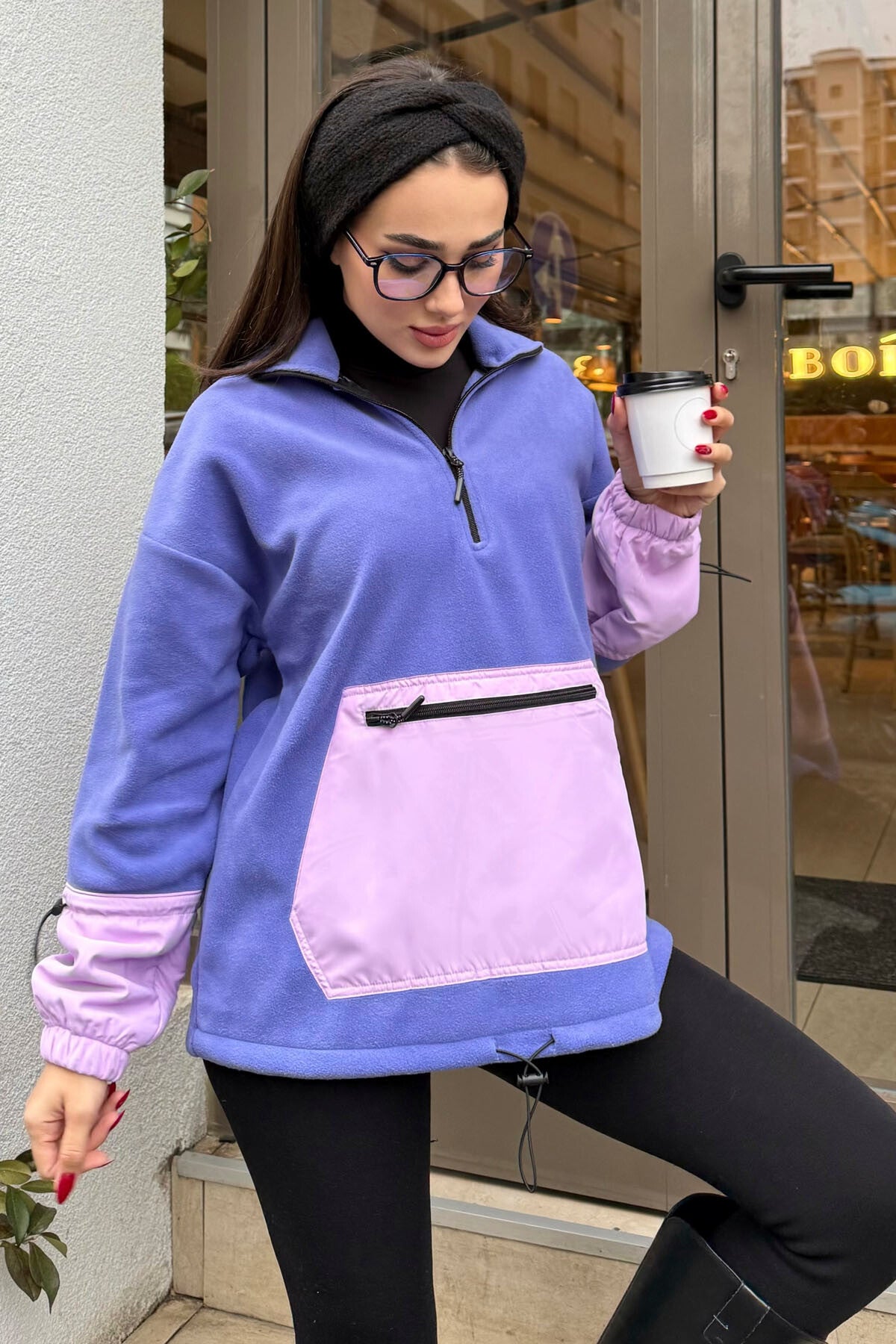 Image of Açık Eflatun Etek Ucu Büzgülü Yarım Fermuarlı Oversize Kadın Polar Sweatshirt - 97238