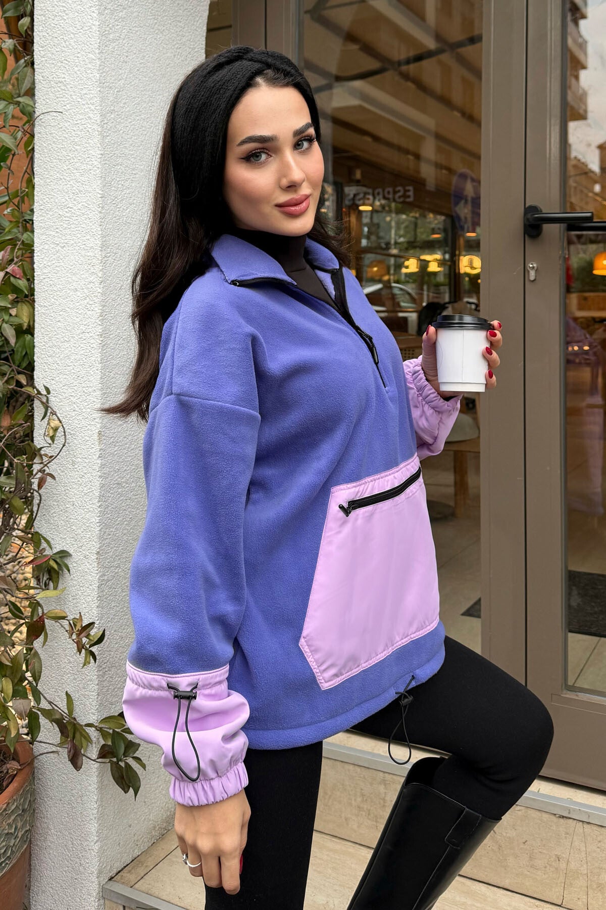 Image of Açık Eflatun Etek Ucu Büzgülü Yarım Fermuarlı Oversize Kadın Polar Sweatshirt - 97238
