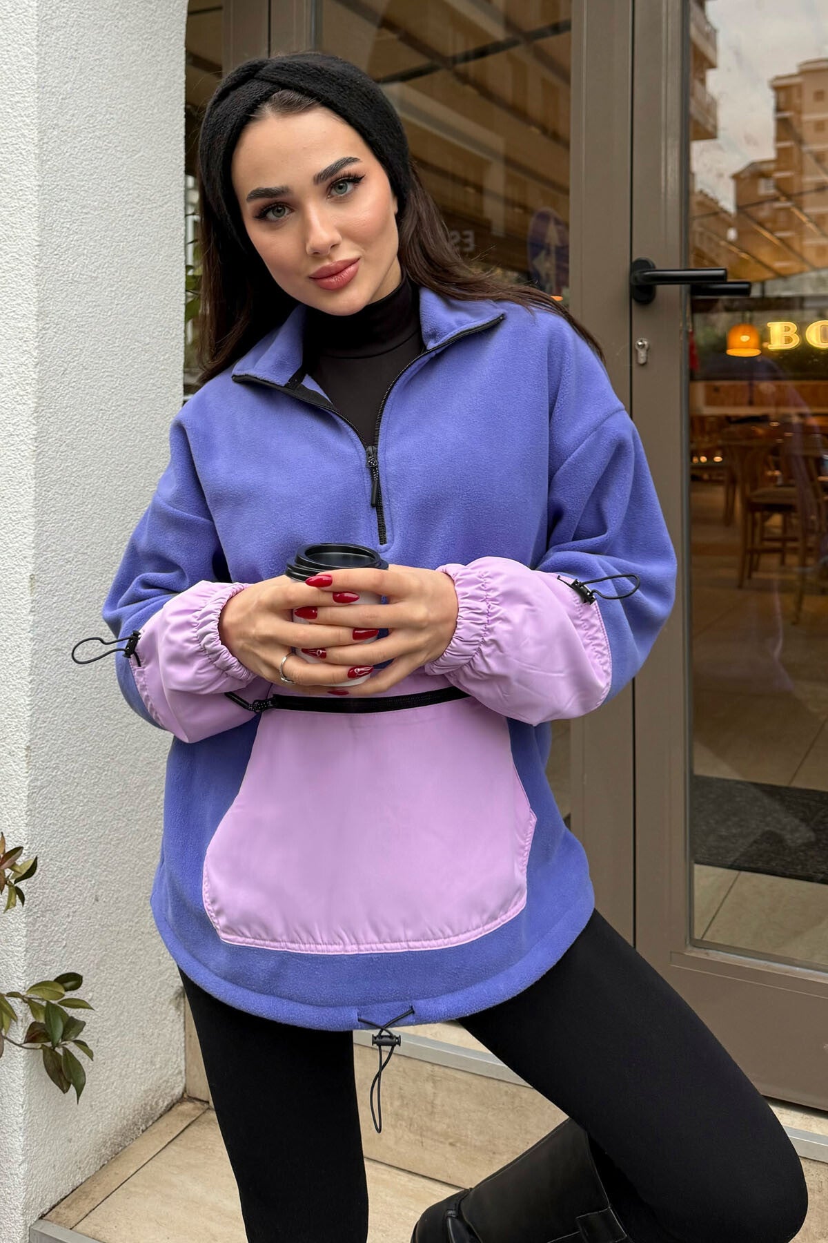 Image of Açık Eflatun Etek Ucu Büzgülü Yarım Fermuarlı Oversize Kadın Polar Sweatshirt - 97238