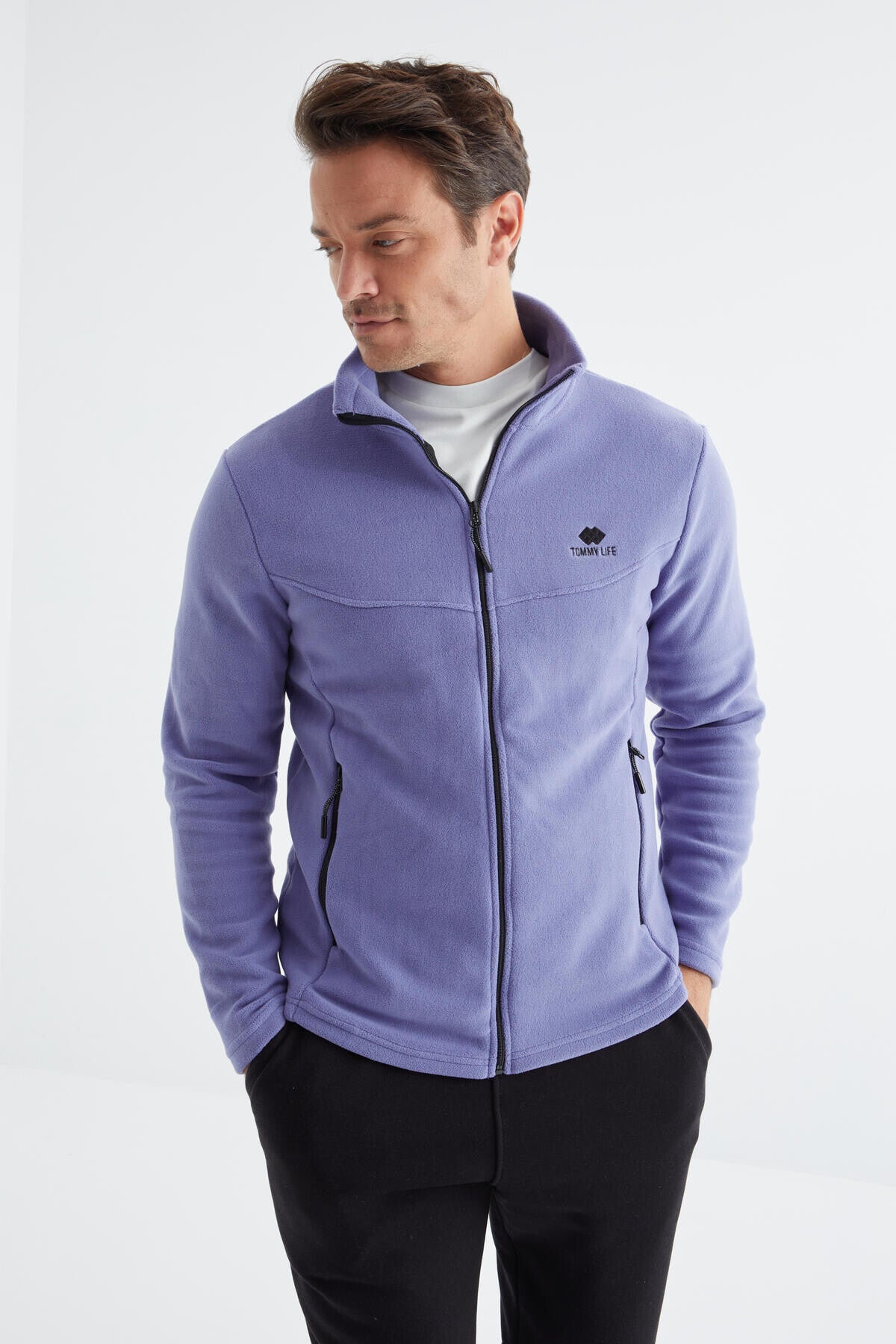 Image of Açık Eflatun Fermuarlı Dik Yaka Standart Kalıp Erkek Polar Sweatshirt - 88134