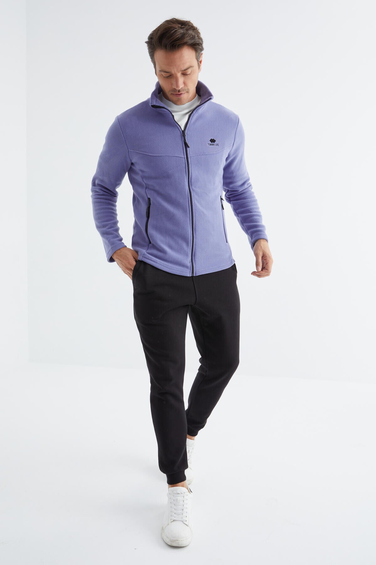Image of Hanorac din fleece pentru bărbați, violet deschis, cu guler înalt și fermoar, croială standard - 88134
