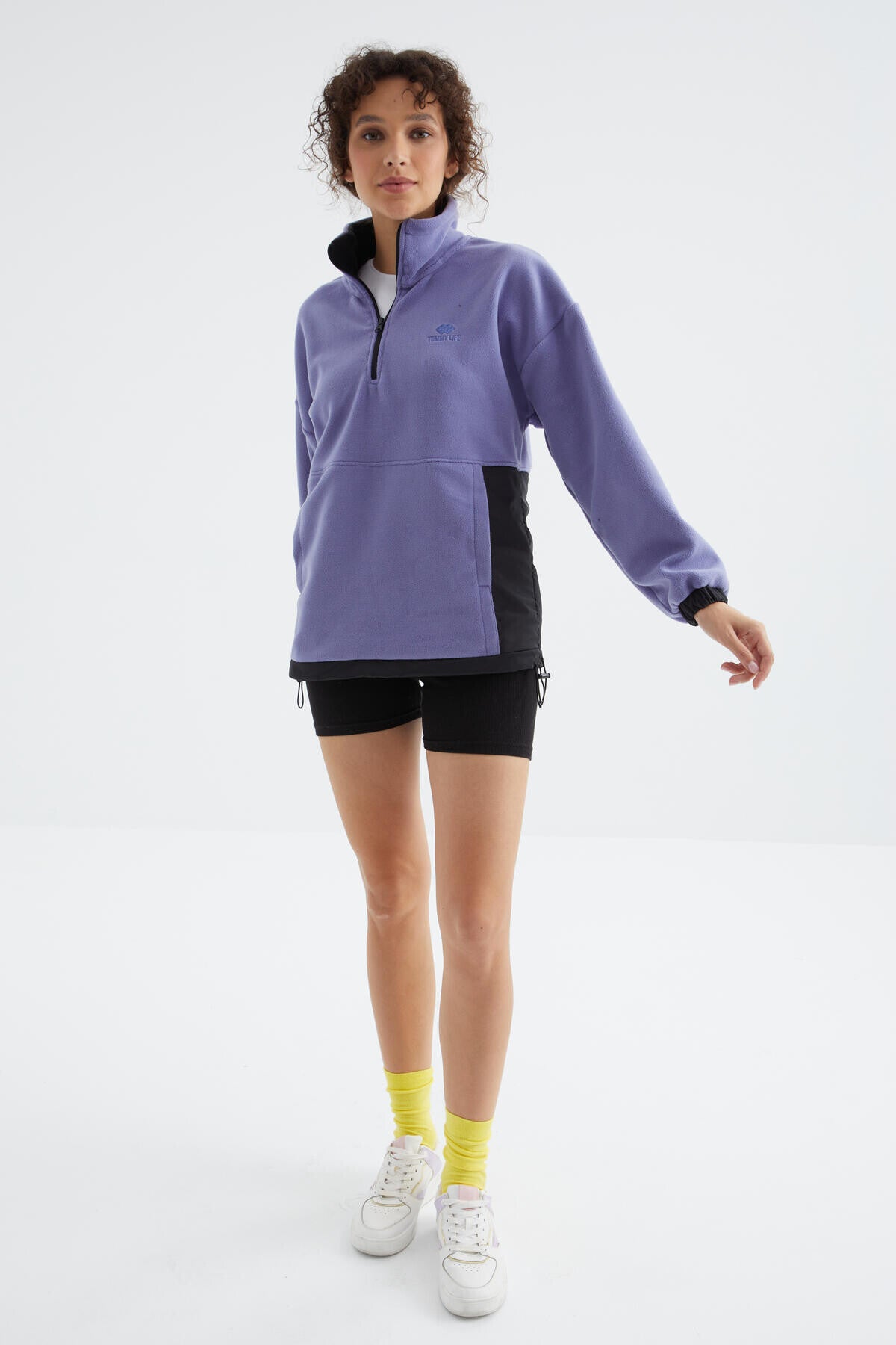 Image of Açık Eflatun Yarım Fermuar Etek Ucu Büzgülü Dik Yaka  Oversize Kadın Polar Sweatshirt - 97236