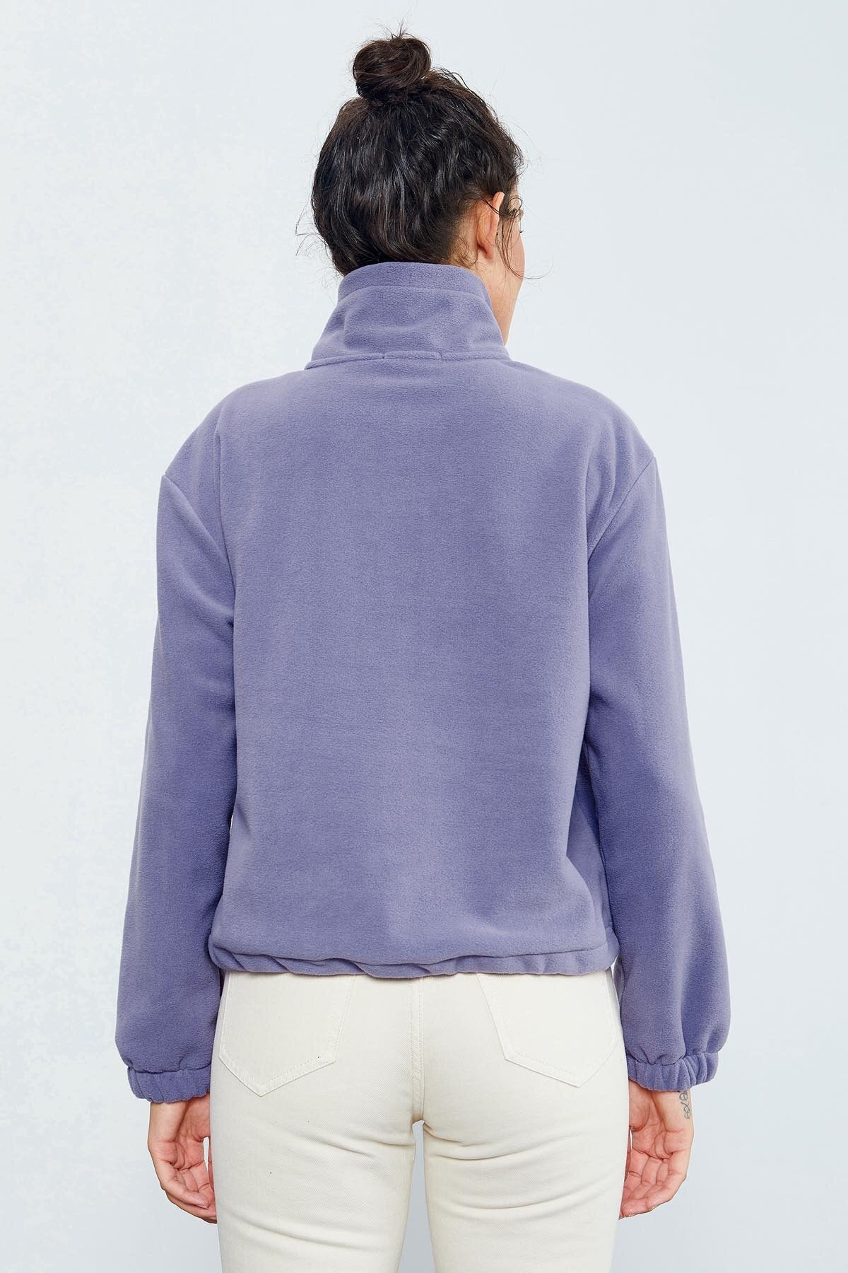 Image of Açık Eflatun Yarım Fermuar Etek Ucu Büzgülü Kadın Polar Oversize Sweatshirt - 97171