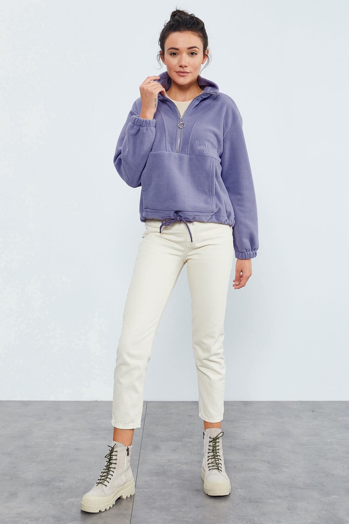 Image of Açık Eflatun Yarım Fermuar Etek Ucu Büzgülü Kadın Polar Oversize Sweatshirt - 97171