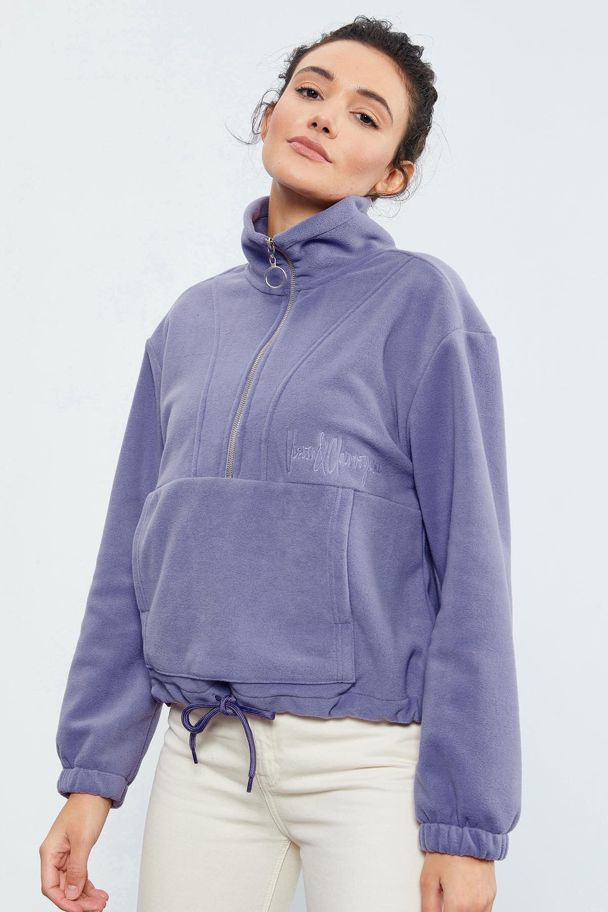 Image of Açık Eflatun Yarım Fermuar Etek Ucu Büzgülü Kadın Polar Oversize Sweatshirt - 97171