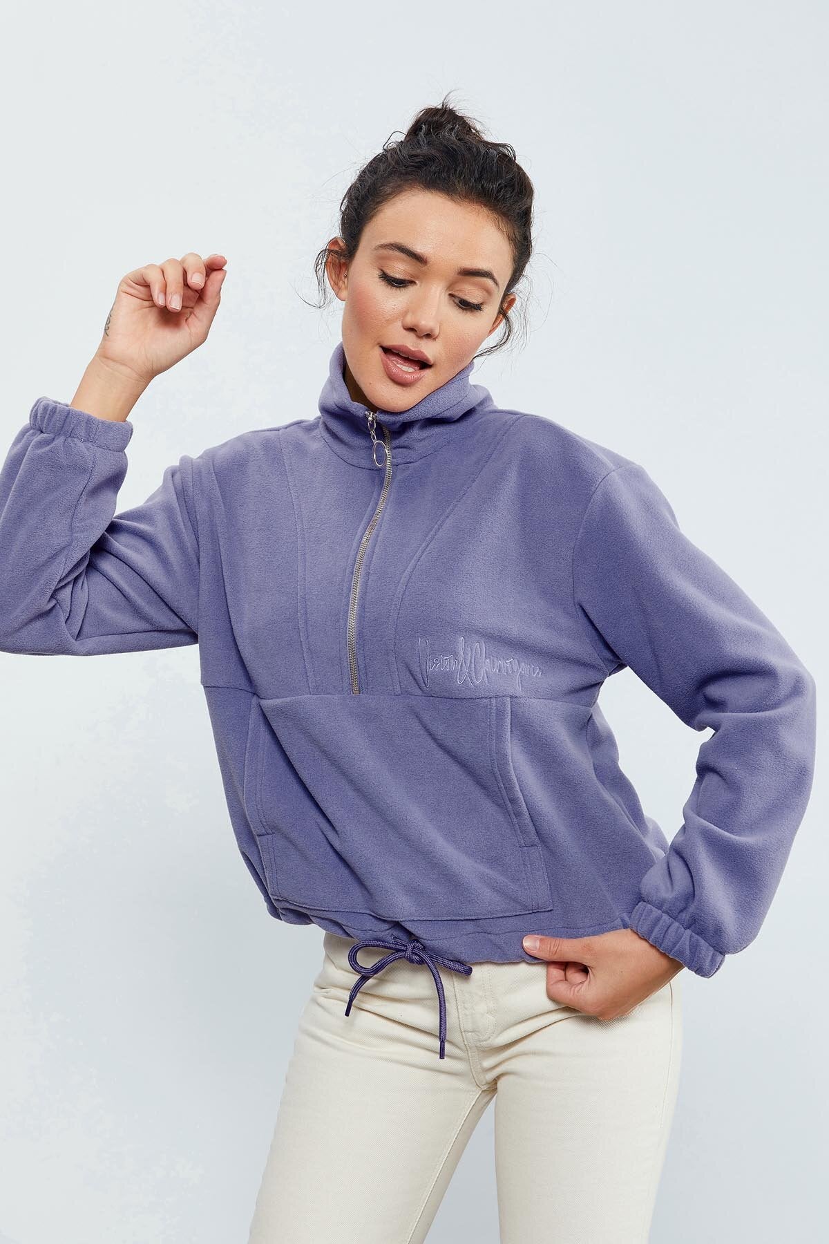 Image of Açık Eflatun Yarım Fermuar Etek Ucu Büzgülü Kadın Polar Oversize Sweatshirt - 97171