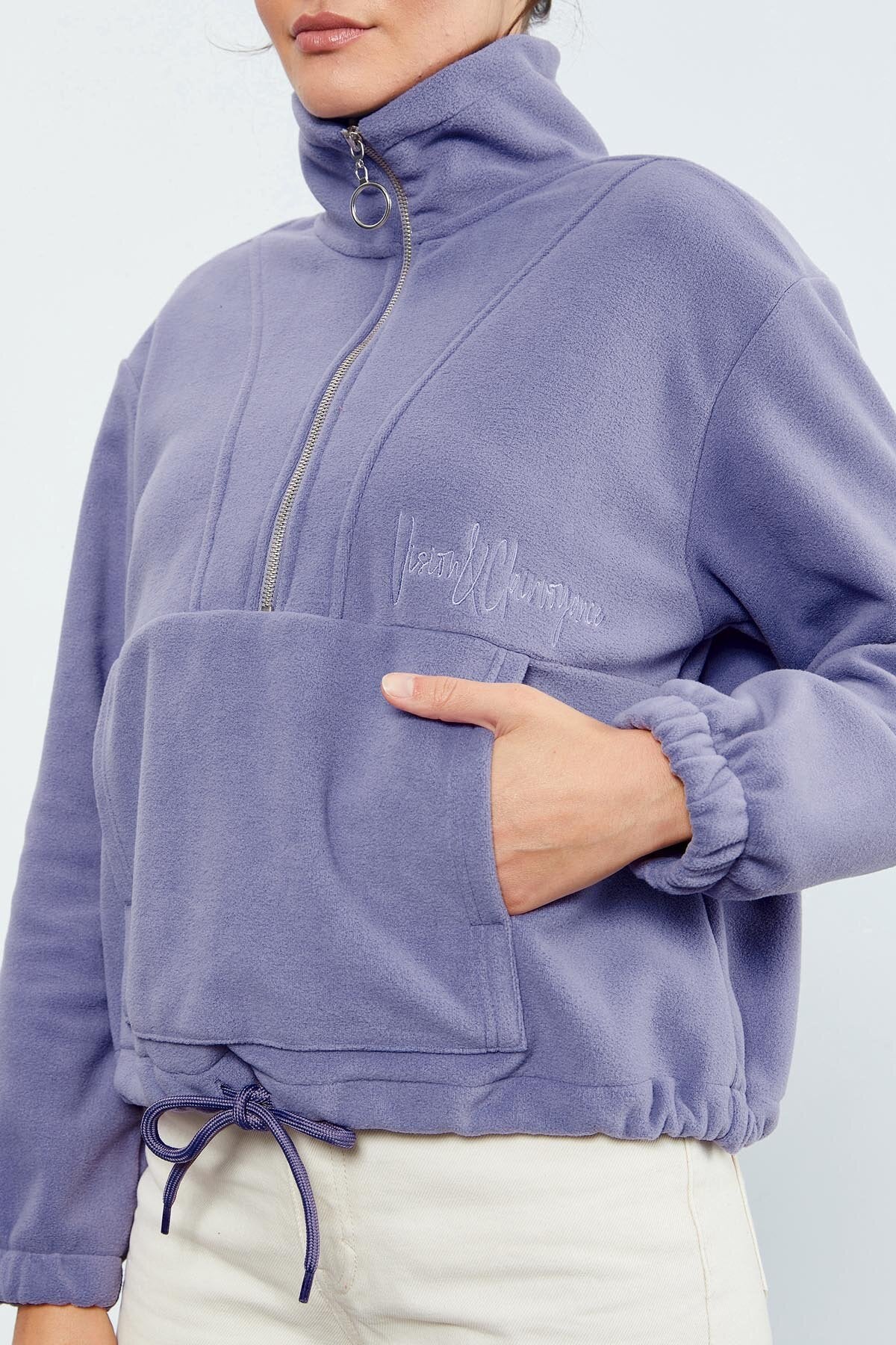 Image of Açık Eflatun Yarım Fermuar Etek Ucu Büzgülü Kadın Polar Oversize Sweatshirt - 97171