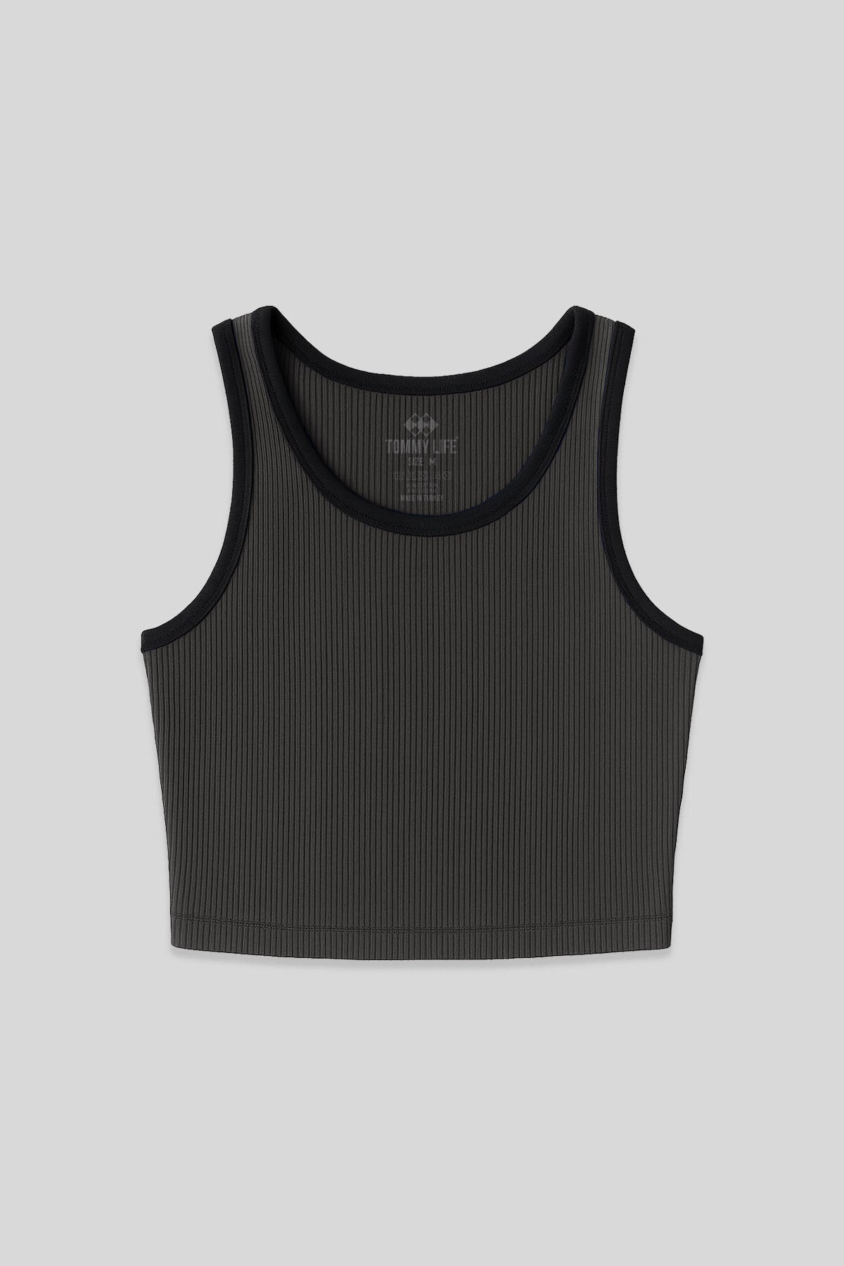 Image of Antrasit Basic Sıfır Kol Dar Kalıp U Yaka Kadın Crop Top Atlet - 97160