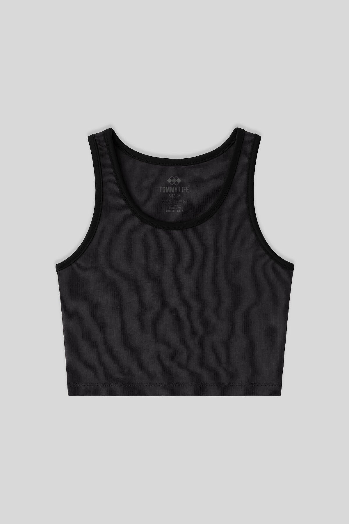 Image of Antrasit Basic Sıfır Kol Dar Kalıp U Yaka Kadın Crop Top Atlet - 97162