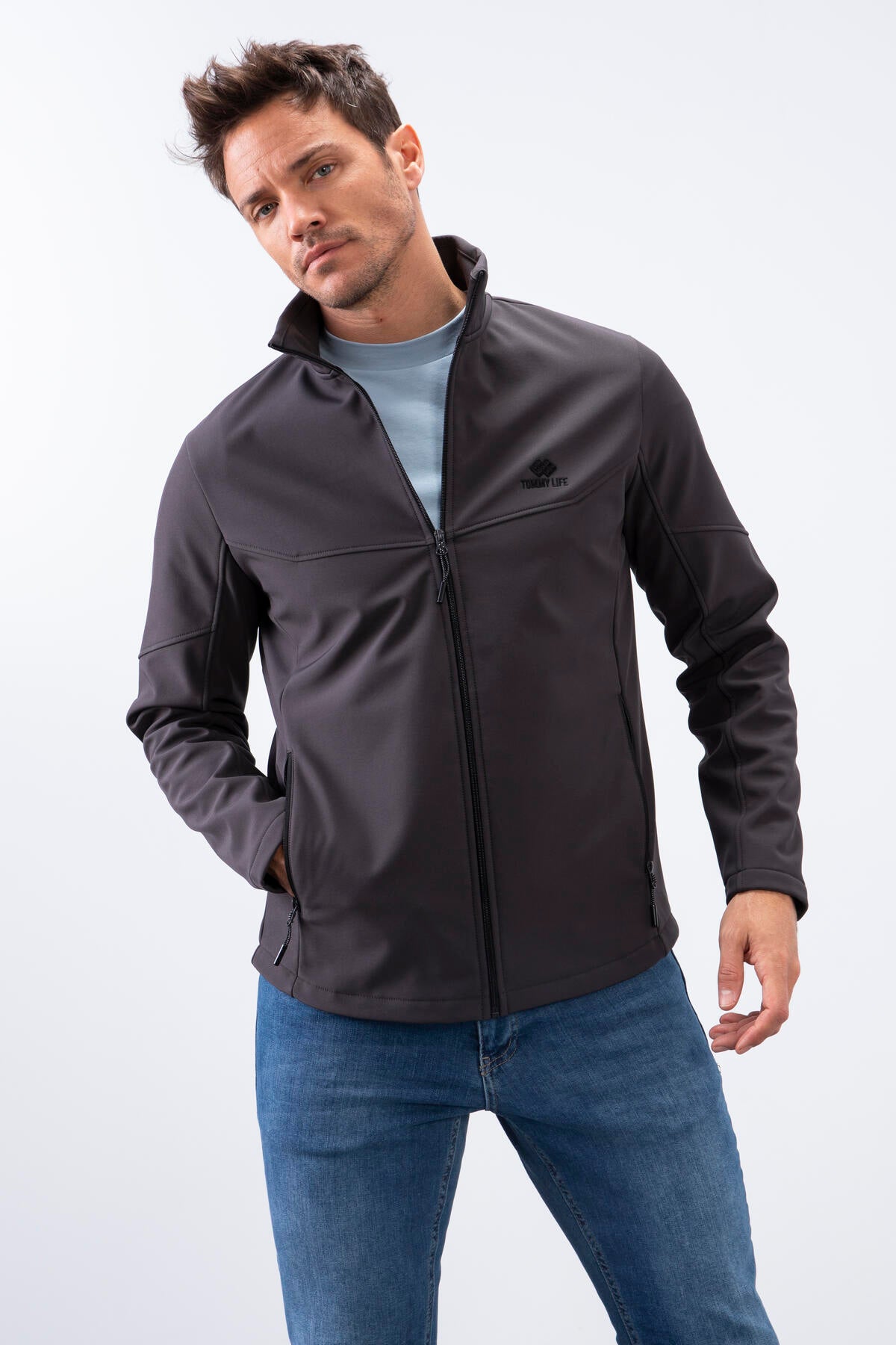 Image of Antrasit Fermuarlı Dik Yaka Su ve Rüzgar Geçirmez Softshell Erkek Mont - 88050
