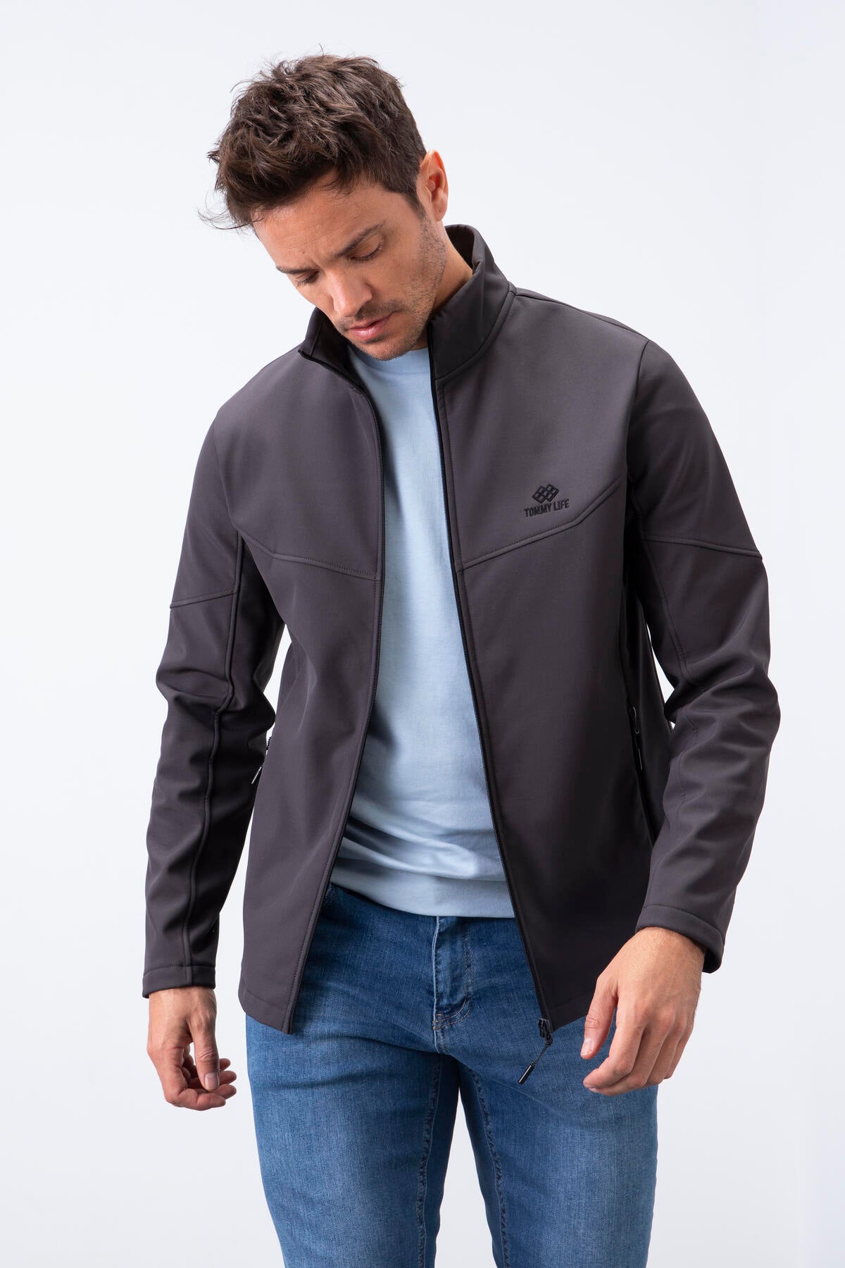 Image of Antrasit Fermuarlı Dik Yaka Su ve Rüzgar Geçirmez Softshell Erkek Mont - 88050