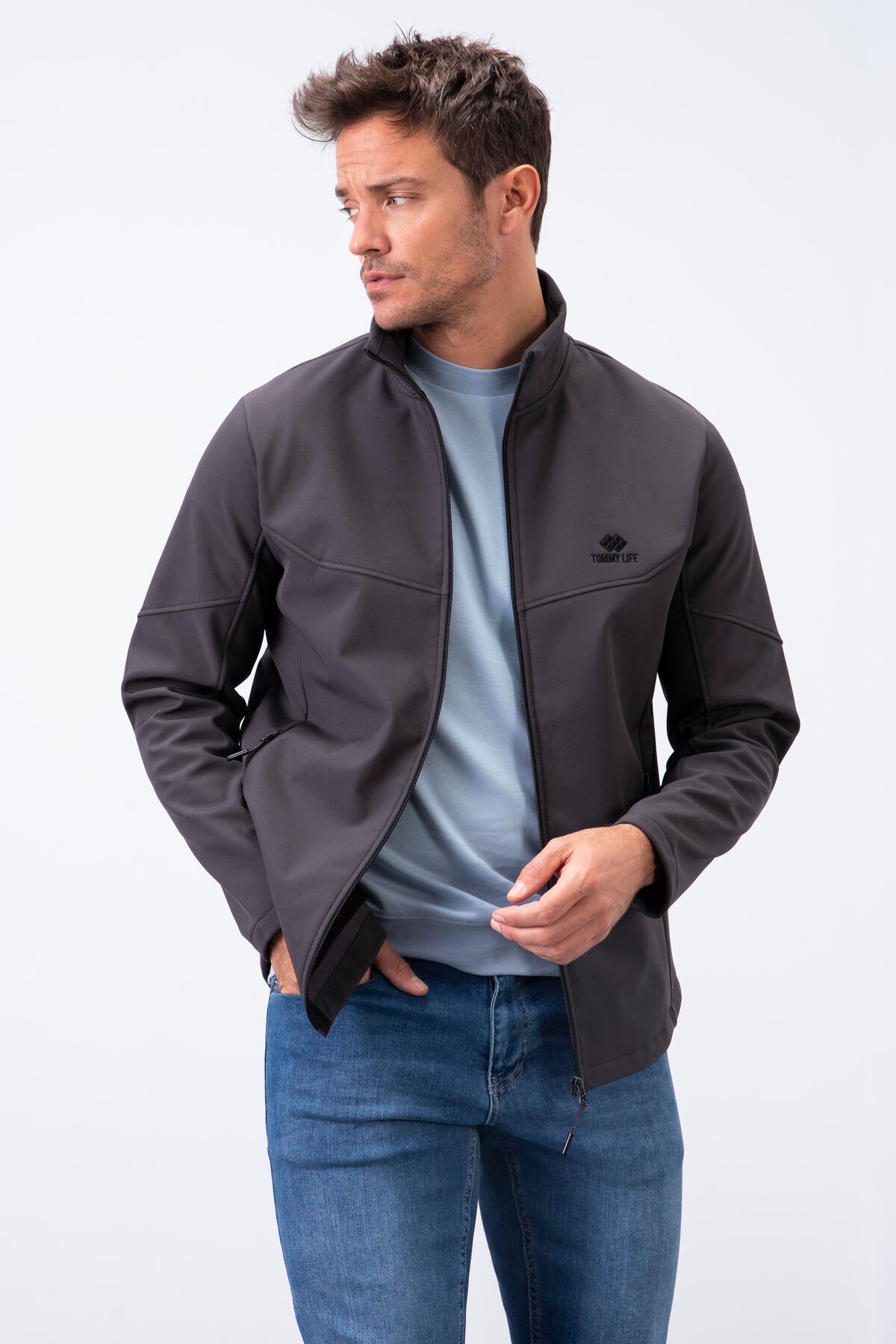 Image of Antrasit Fermuarlı Dik Yaka Su ve Rüzgar Geçirmez Softshell Erkek Mont - 88050