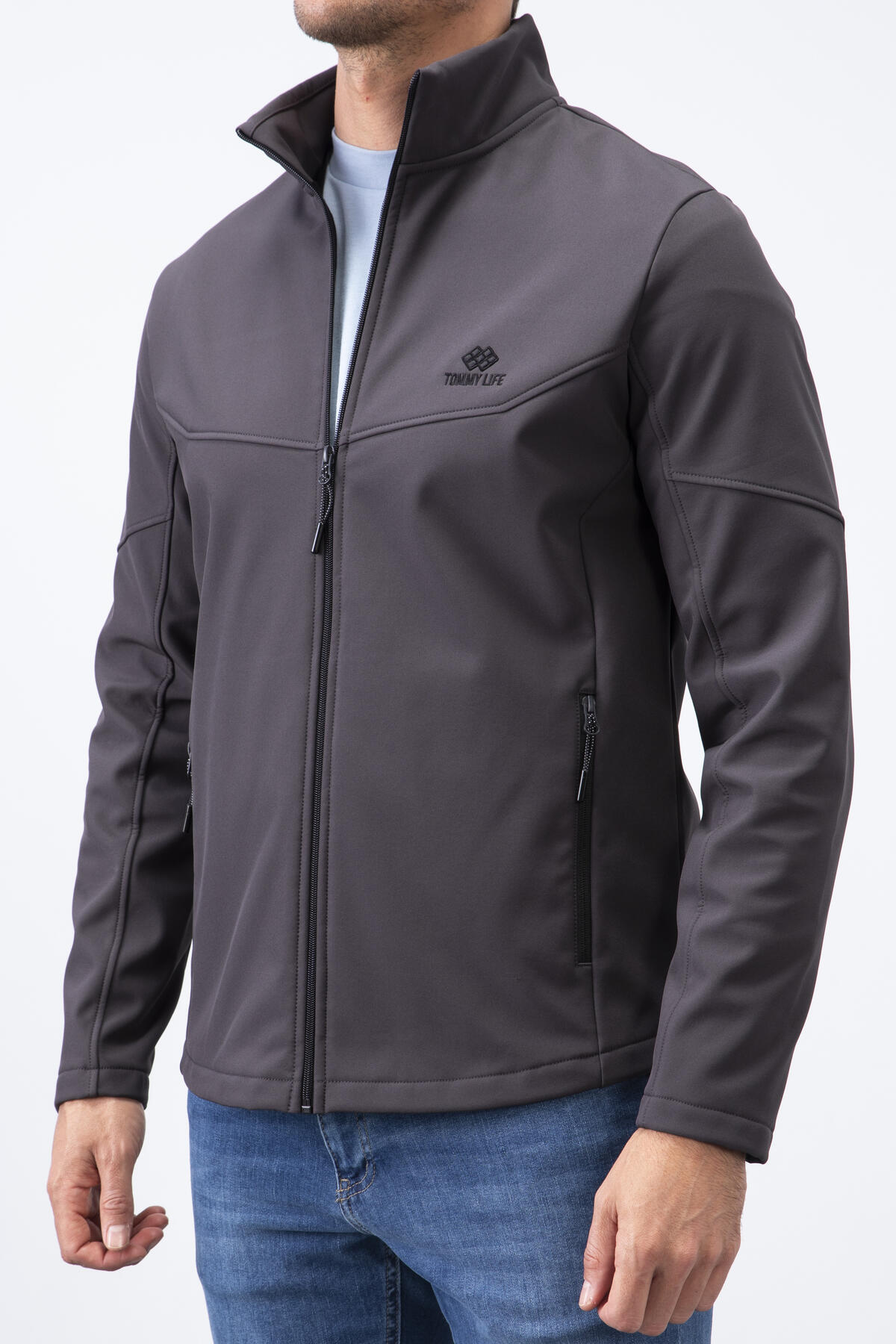 Image of Antrasit Fermuarlı Dik Yaka Su ve Rüzgar Geçirmez Softshell Erkek Mont - 88050