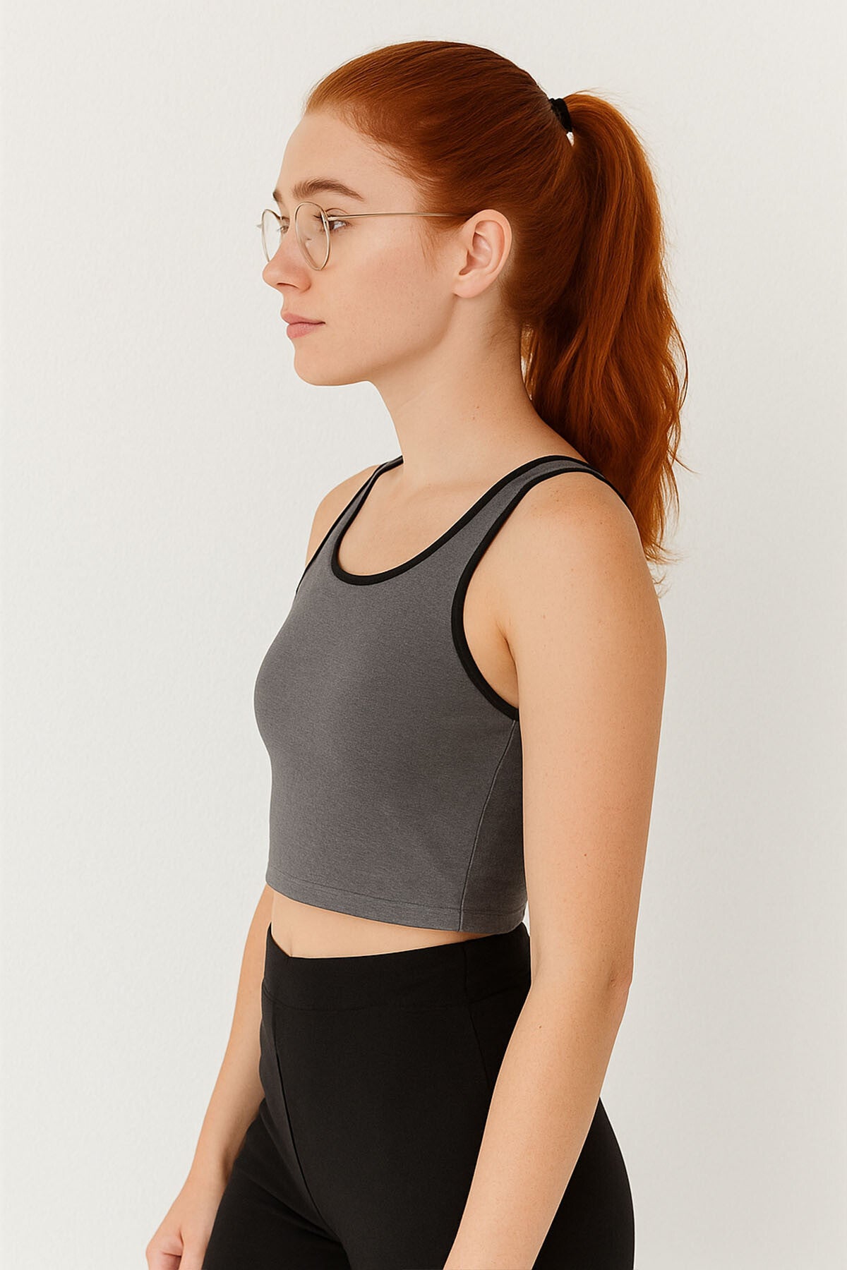 Image of Antrasit Melanj Basic Sıfır Kol Dar Kalıp U Yaka Kadın Crop Top Atlet - 97162