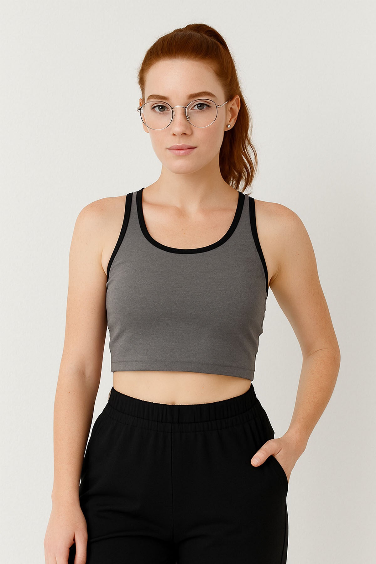Image of Antrasit Melanj Basic Sıfır Kol Dar Kalıp U Yaka Kadın Crop Top Atlet - 97162