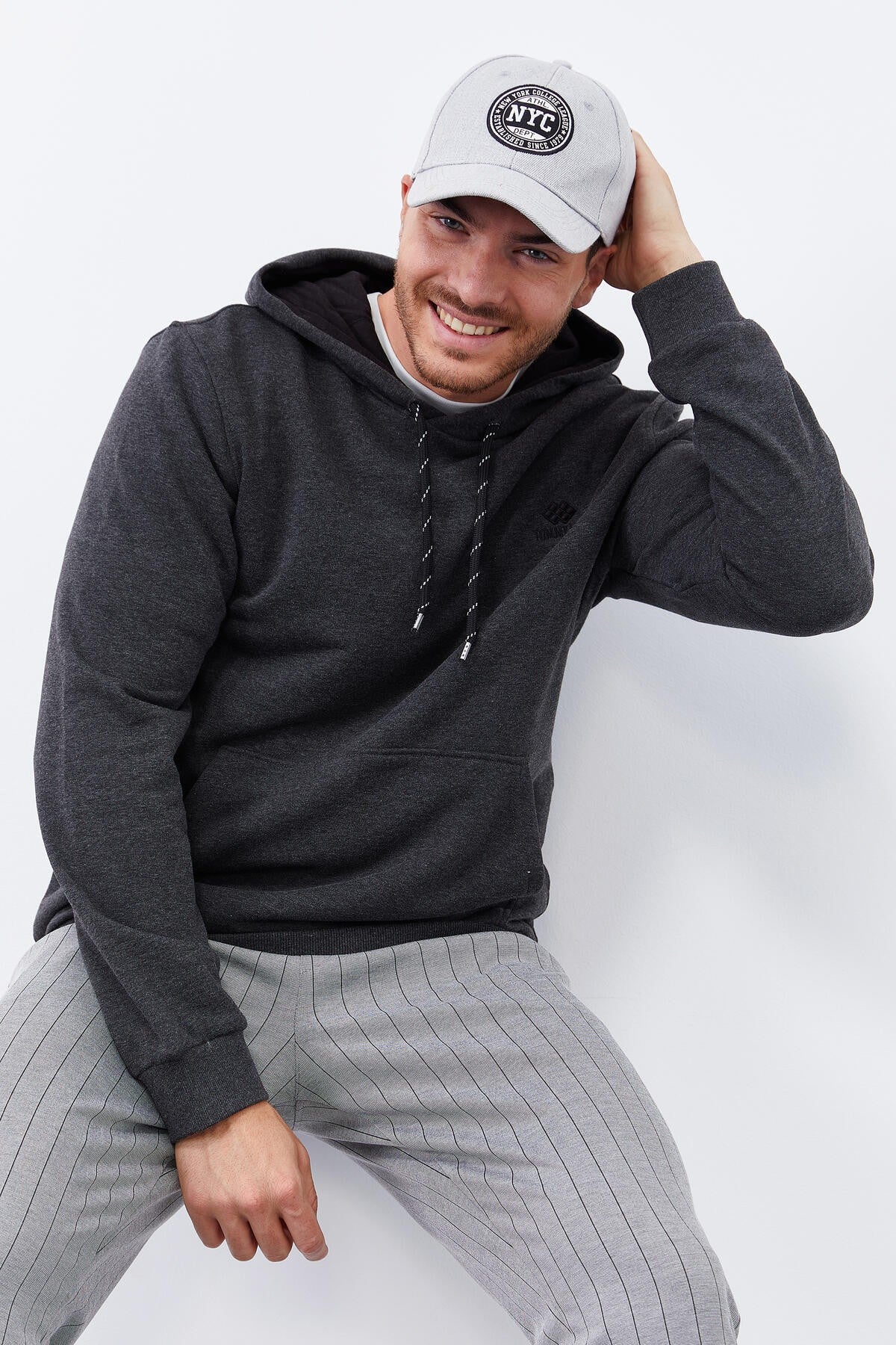 Image of Antrasit Melanj Kanguru Cep Standart Kalıp Kapüşonlu Erkek Sweatshirt - 87872