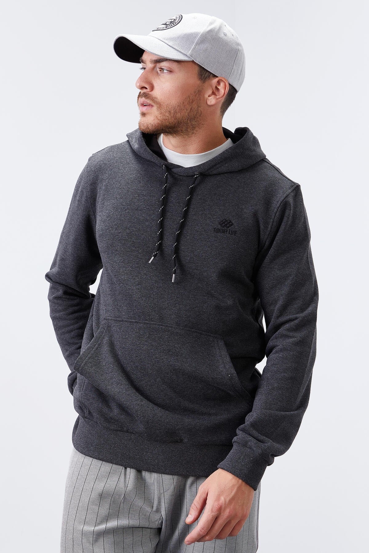 Image of Antrasit Melanj Kanguru Cep Standart Kalıp Kapüşonlu Erkek Sweatshirt - 87872