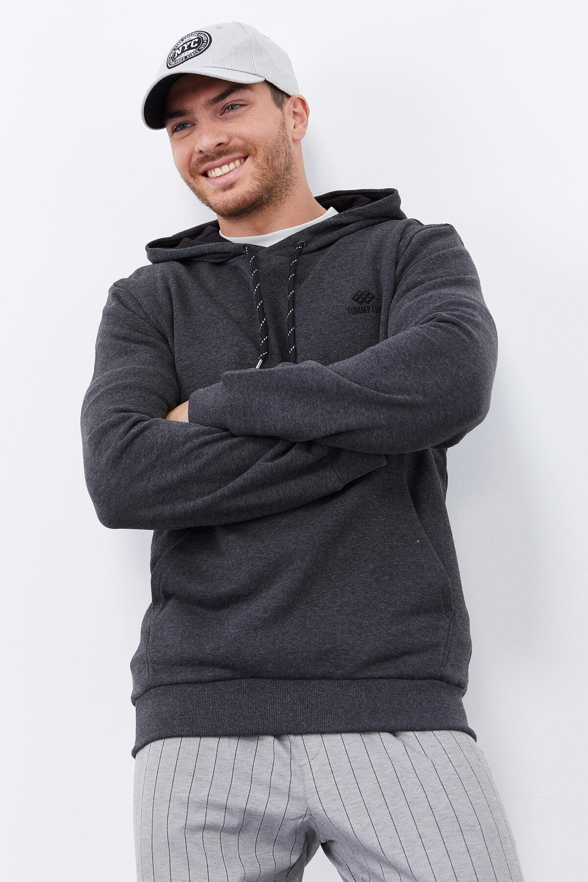 Image of Antrasit Melanj Kanguru Cep Standart Kalıp Kapüşonlu Erkek Sweatshirt - 87872