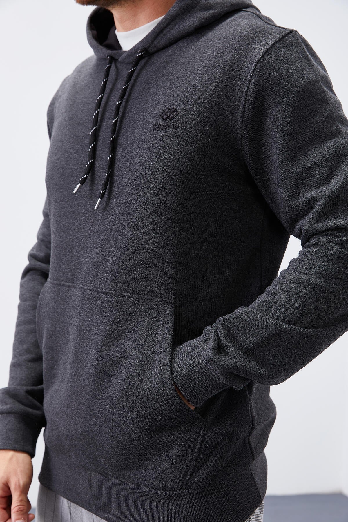 Image of Antrasit Melanj Kanguru Cep Standart Kalıp Kapüşonlu Erkek Sweatshirt - 87872