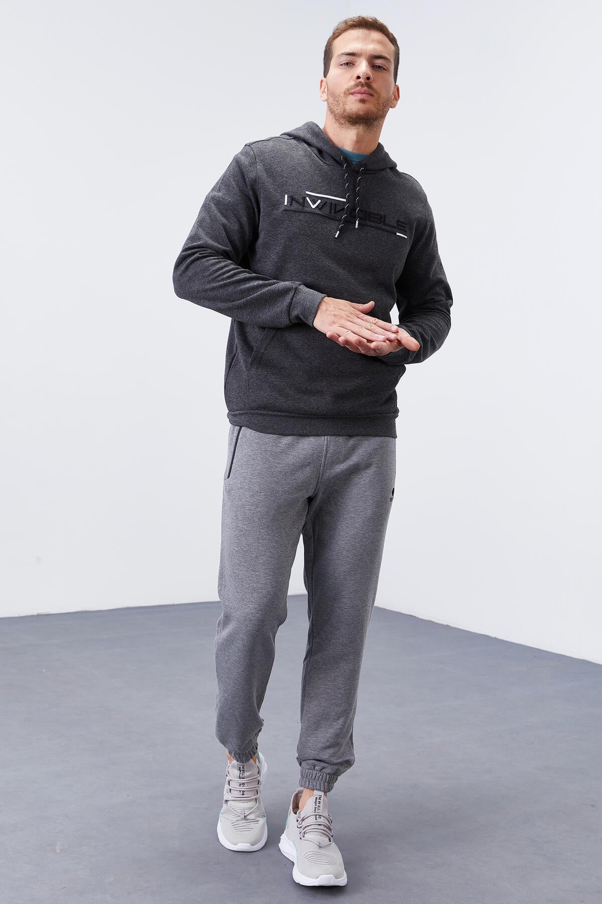 Image of Antrasit Melanj Kanguru Cep Standart Kalıp Kapüşonlu Erkek Sweatshirt - 87883