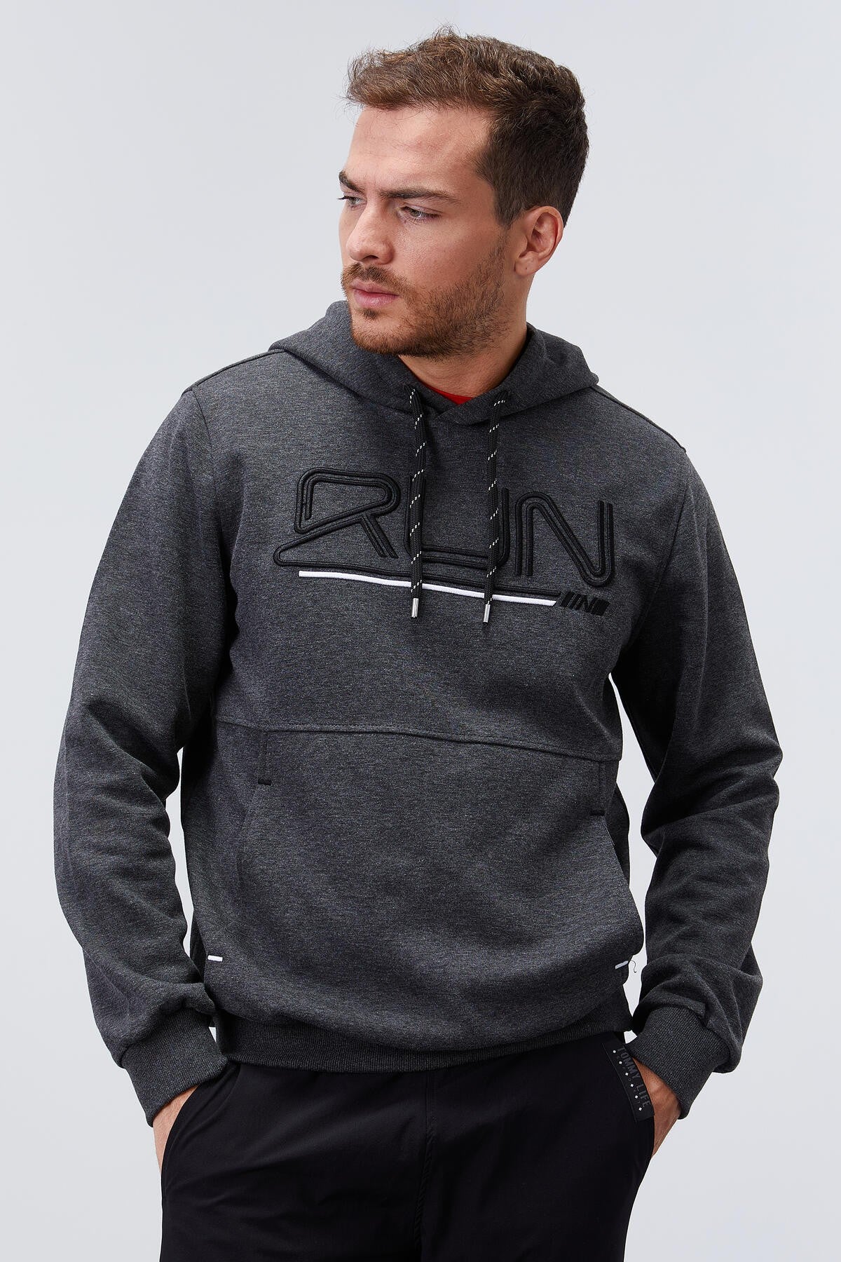 Image of Antrasit Melanj Yazı Nakışlı Standart Kalıp Kapüşonlu Erkek Sweatshirt - 87887