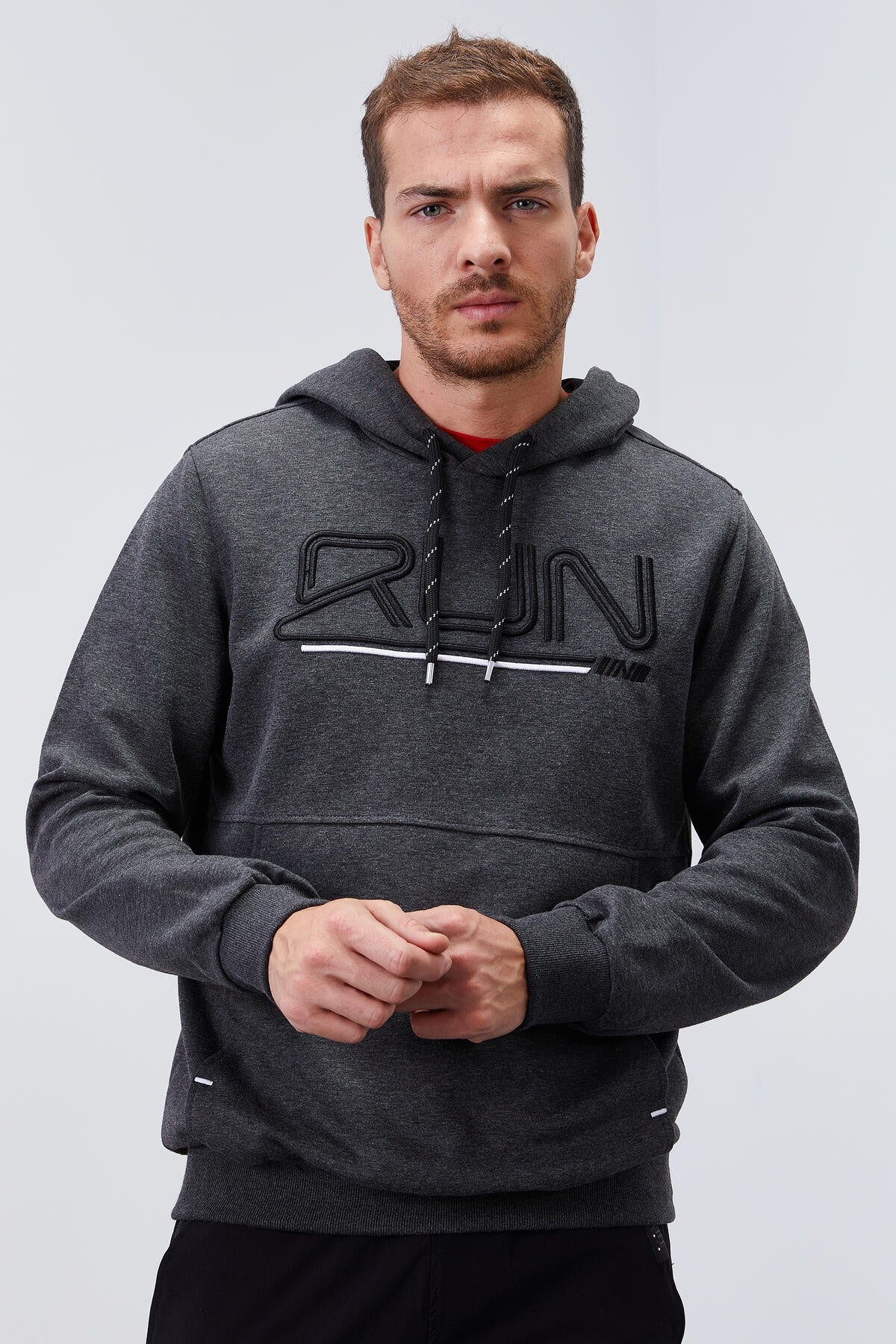 Image of Antrasit Melanj Yazı Nakışlı Standart Kalıp Kapüşonlu Erkek Sweatshirt - 87887