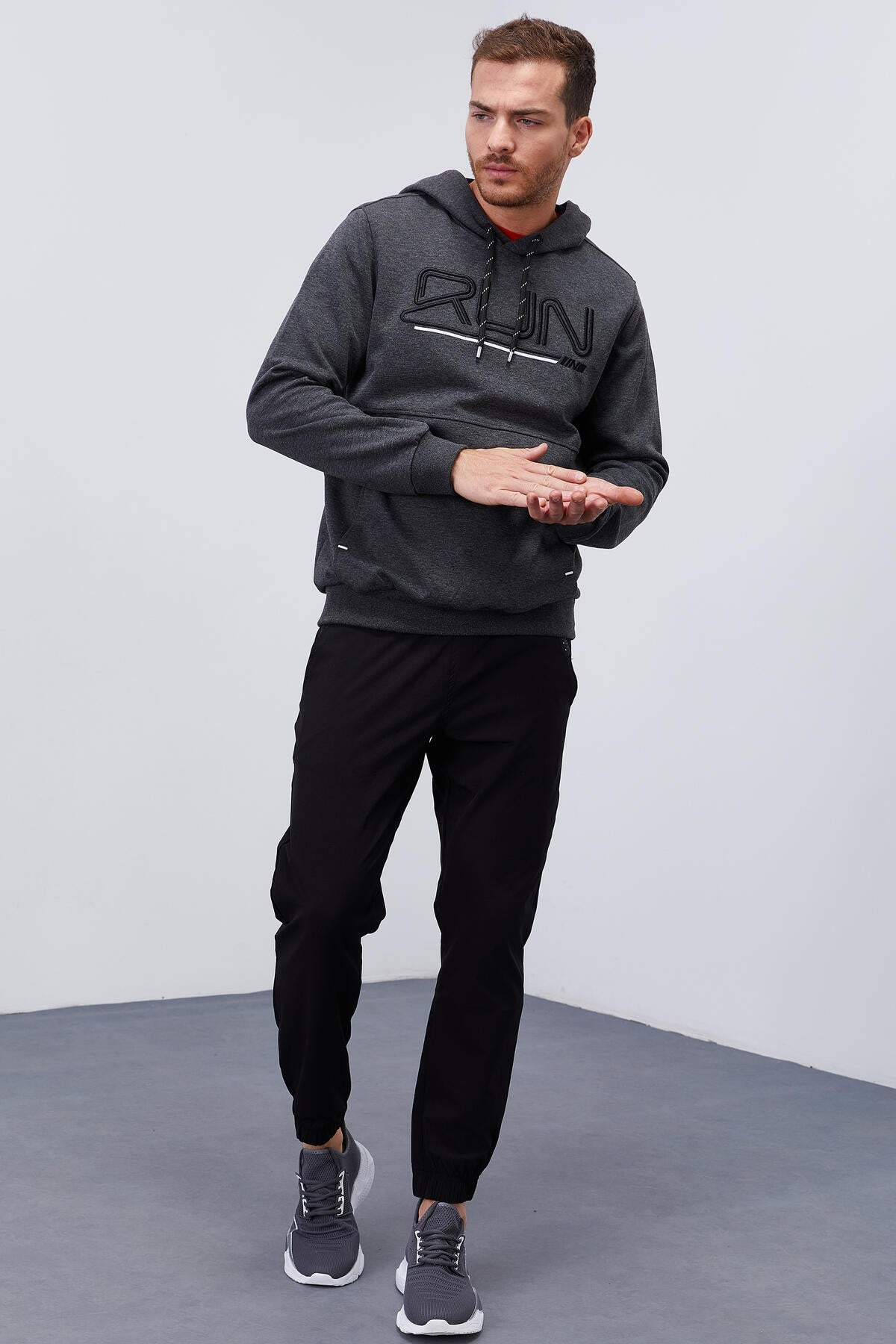 Image of Antrasit Melanj Yazı Nakışlı Standart Kalıp Kapüşonlu Erkek Sweatshirt - 87887