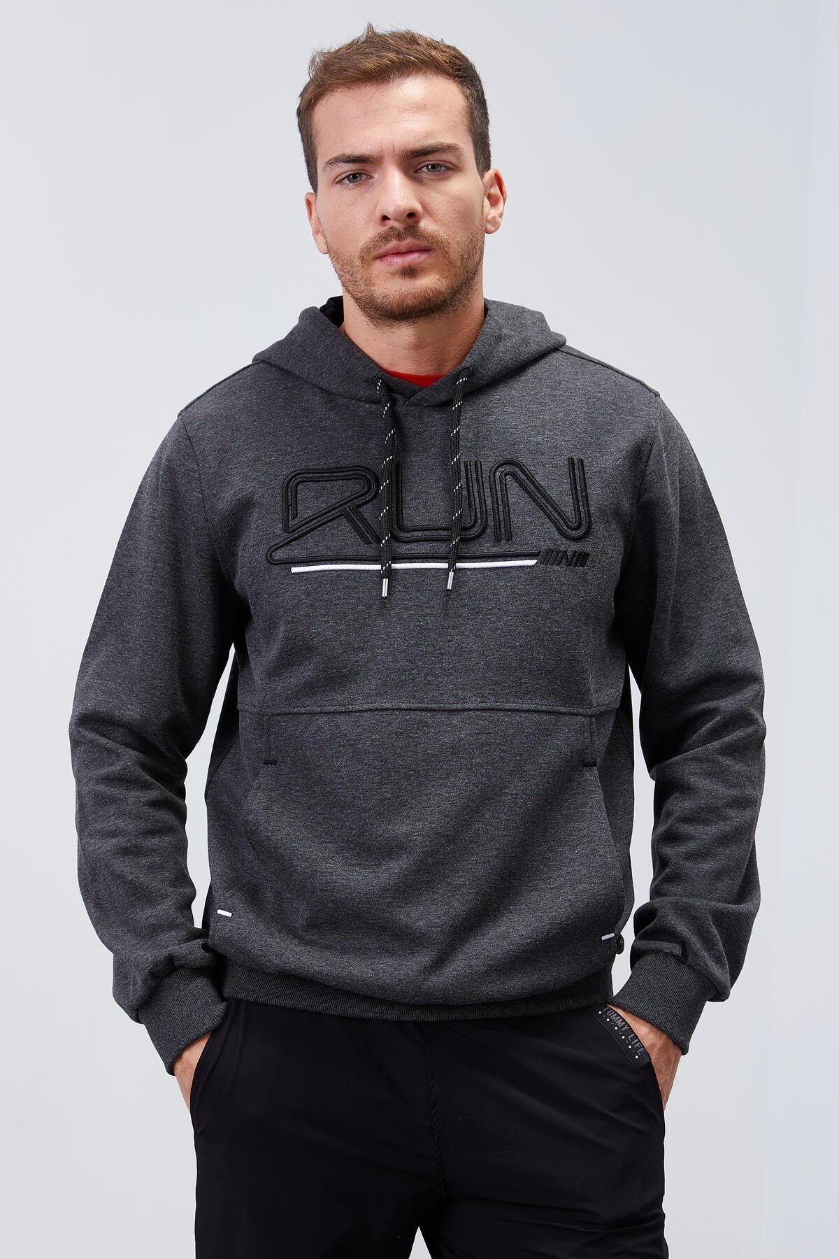 Image of Antrasit Melanj Yazı Nakışlı Standart Kalıp Kapüşonlu Erkek Sweatshirt - 87887