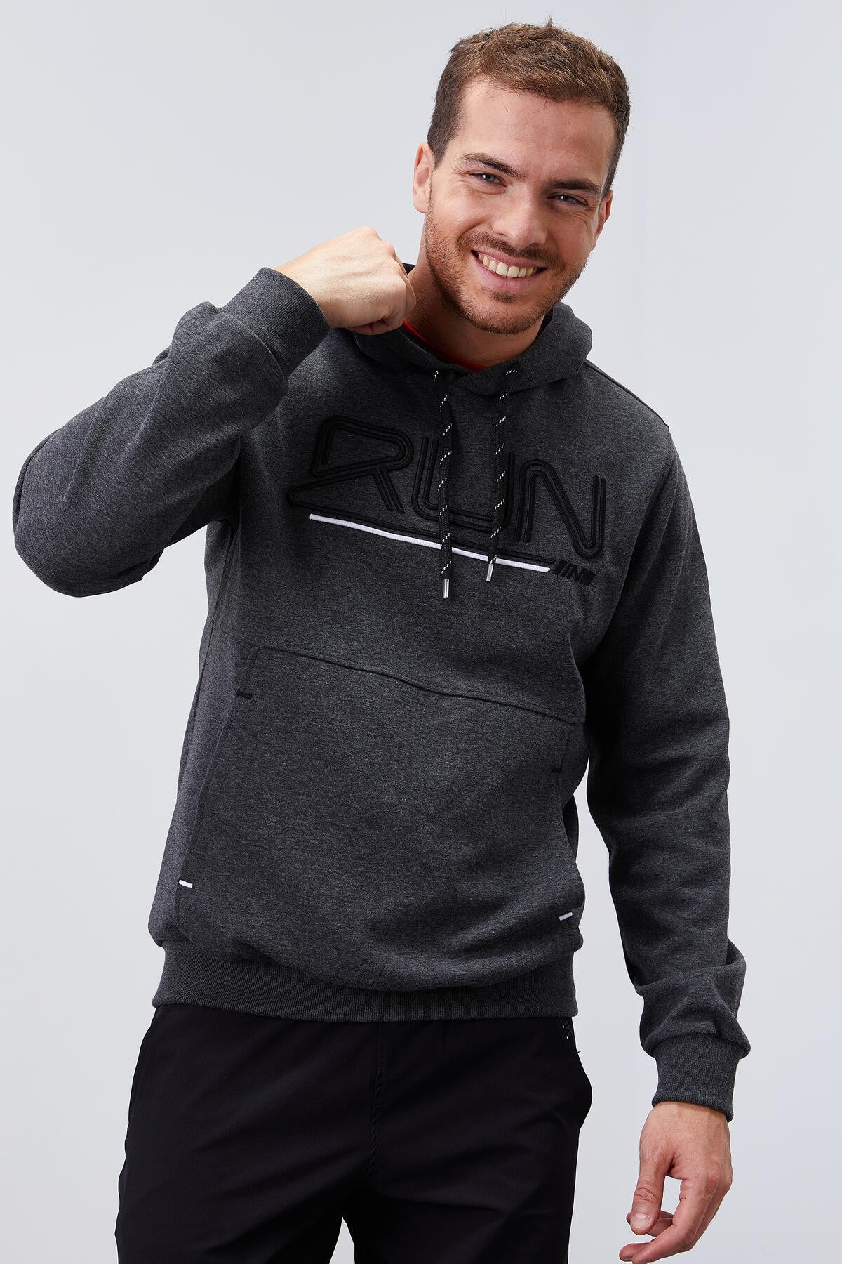 Image of Antrasit Melanj Yazı Nakışlı Standart Kalıp Kapüşonlu Erkek Sweatshirt - 87887