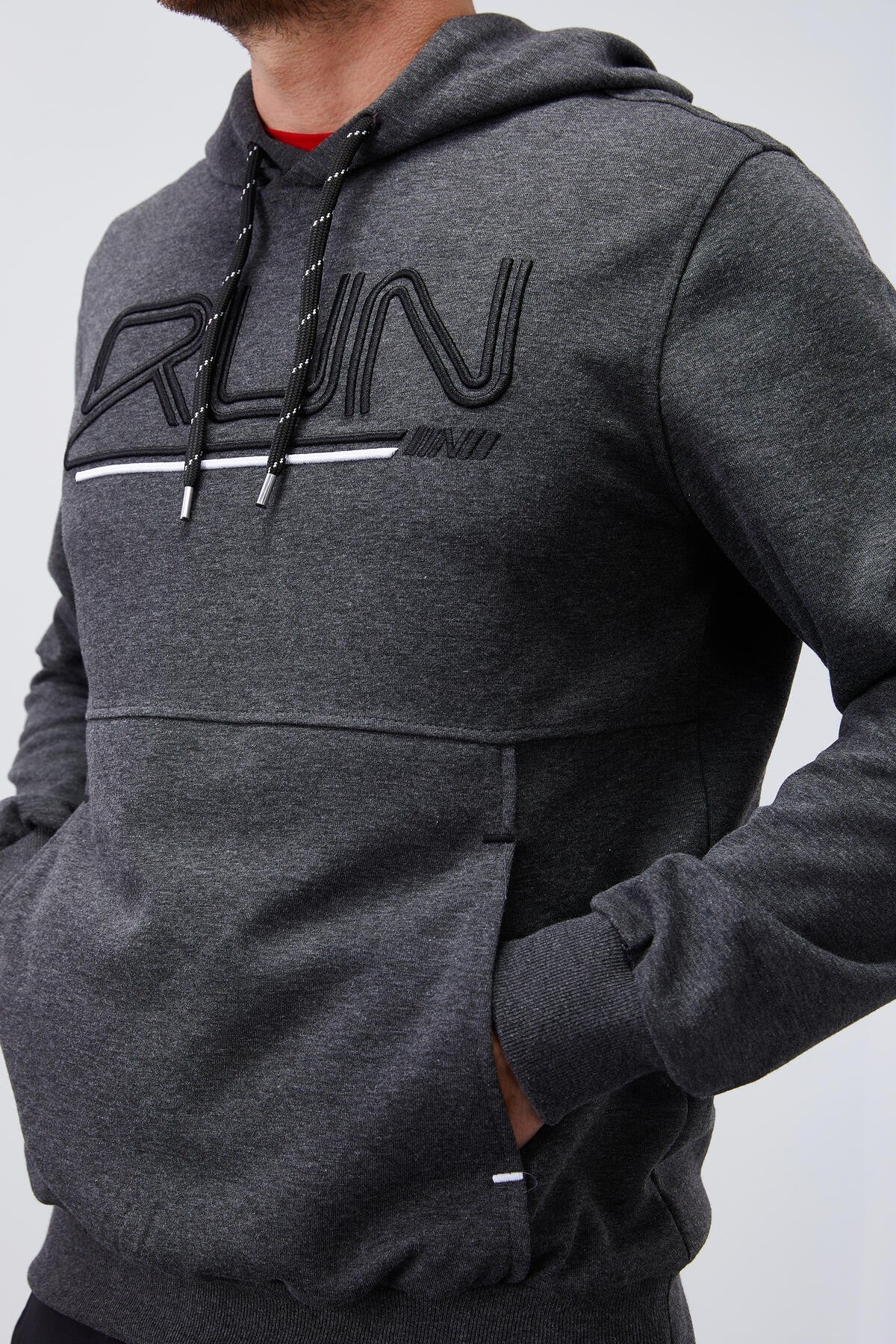 Image of Antrasit Melanj Yazı Nakışlı Standart Kalıp Kapüşonlu Erkek Sweatshirt - 87887