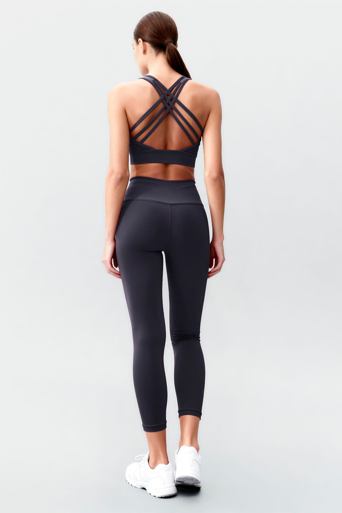 Image of Antrasit Yüksek Bel Toparlayıcı Çapraz Sırt Detaylı Slim Fit Kadın Tayt Takım - 95283