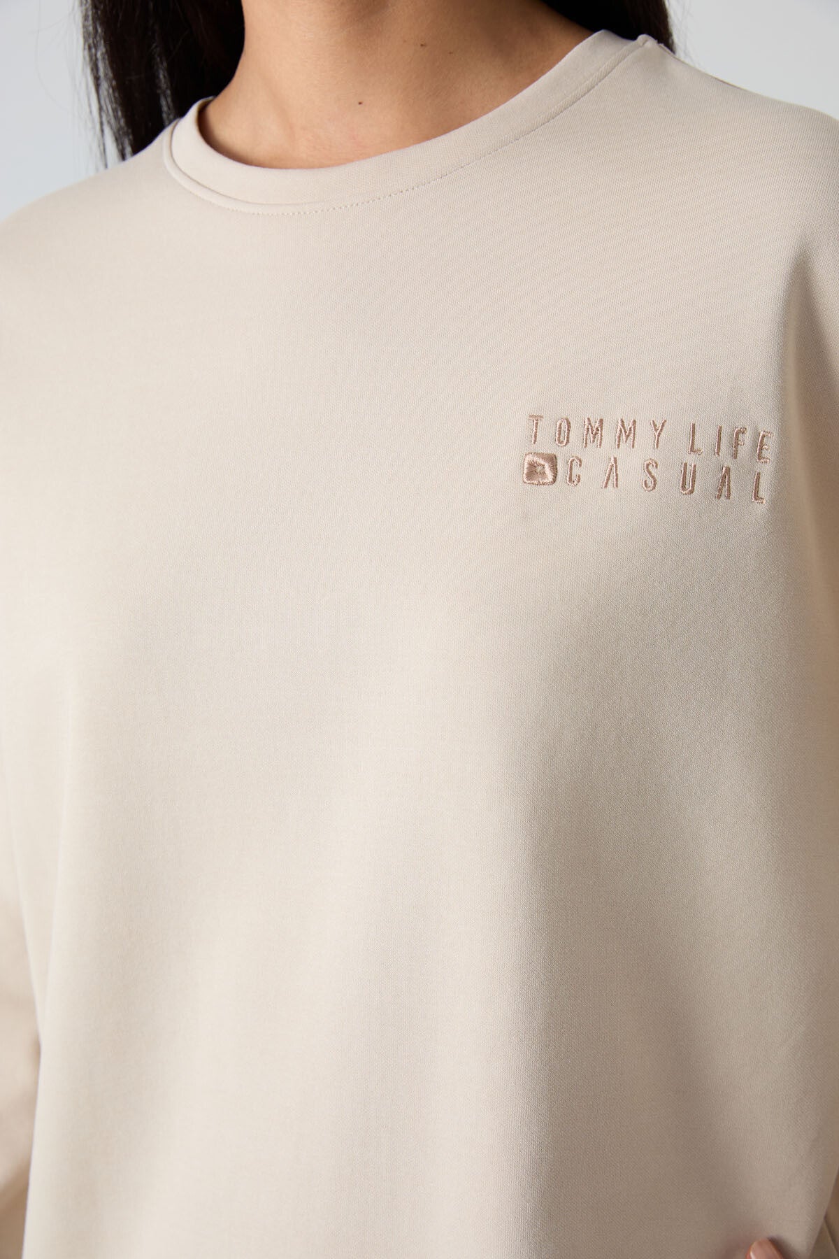 Image of Bej Basic Pamuklu O Yaka Oversize Lastik Paça Kadın Eşofman Takım - 95287