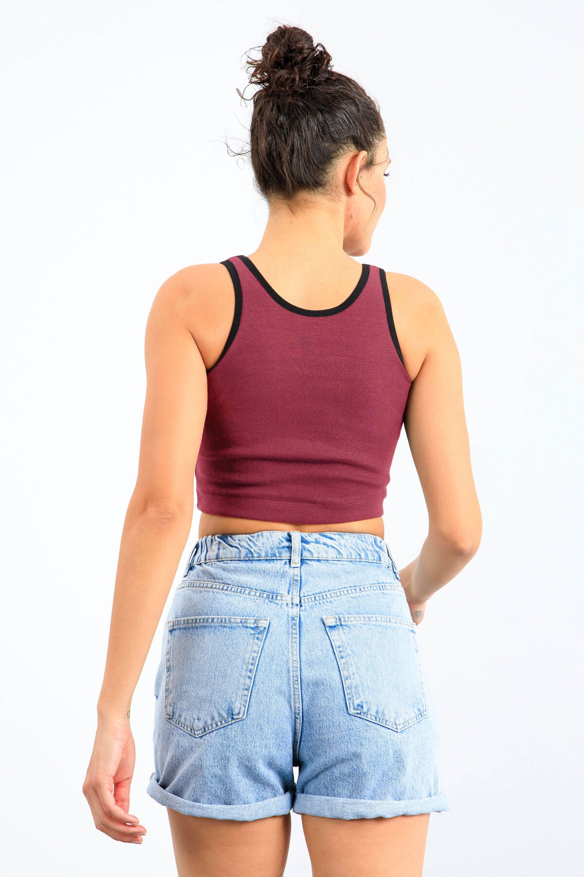 Image of Bordo Basic Sıfır Kol Dar Kalıp U Yaka Kadın Crop Top Atlet - 97162