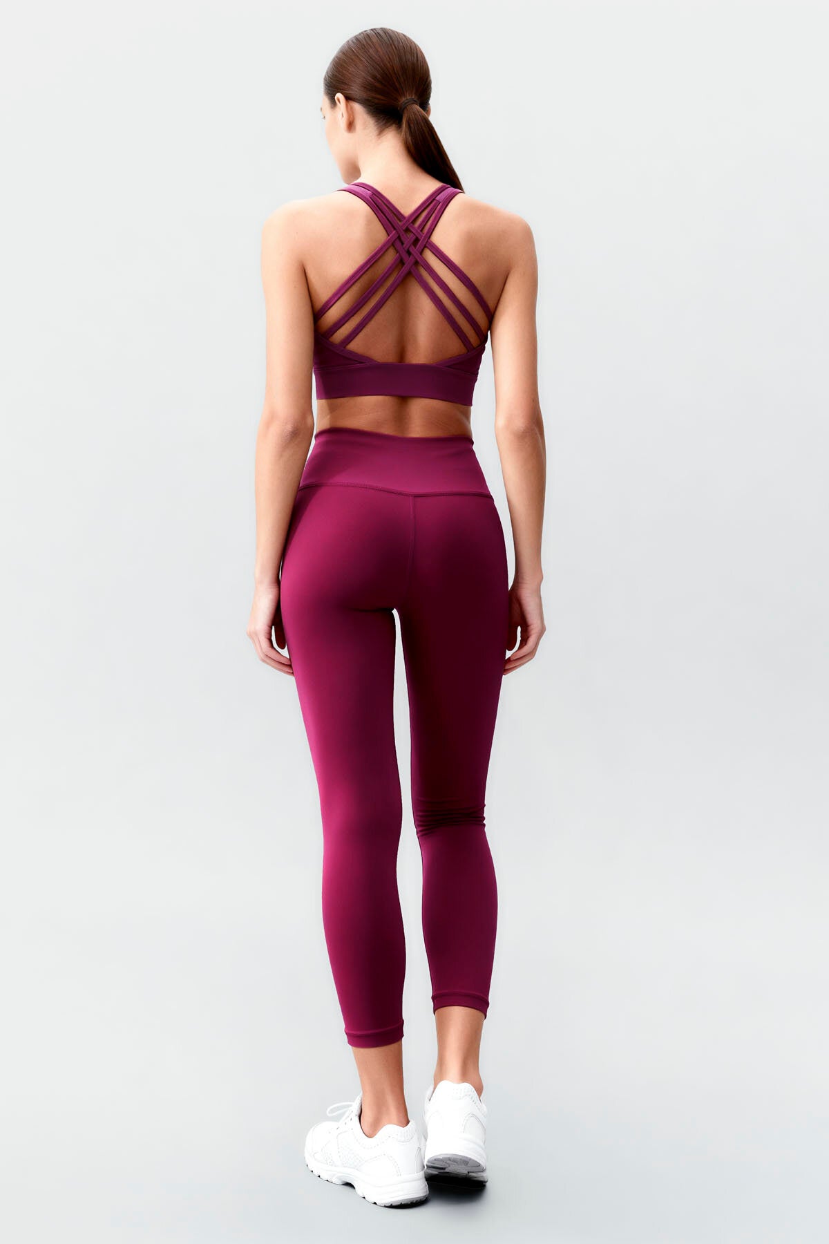 Image of Bordo Yüksek Bel Toparlayıcı Çapraz Sırt Detaylı Slim Fit Kadın Tayt Takım - 95283