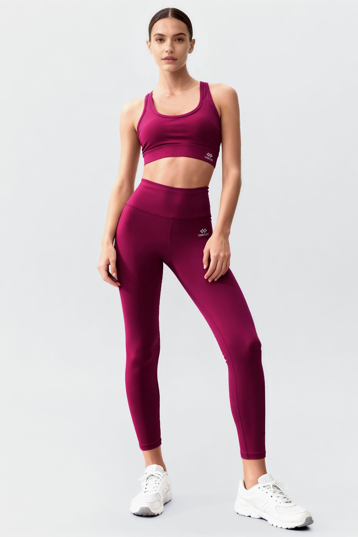 Image of Bordo Yüksek Bel Toparlayıcı Çapraz Sırt Detaylı Slim Fit Kadın Tayt Takım - 95283