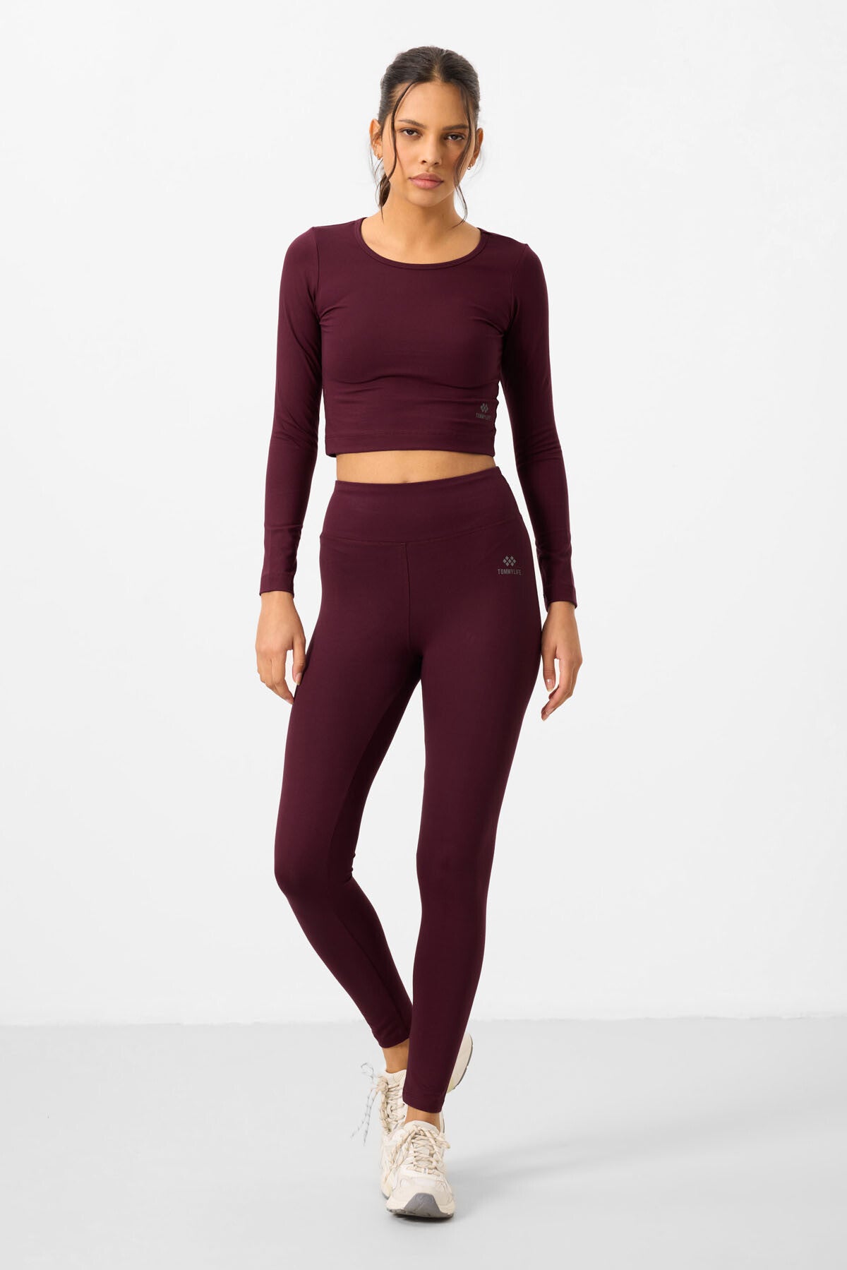 Image of Bordo Yüksek Bel Uzun Kollu Slim Fit Crop Top Kadın Tayt Takım - 95286