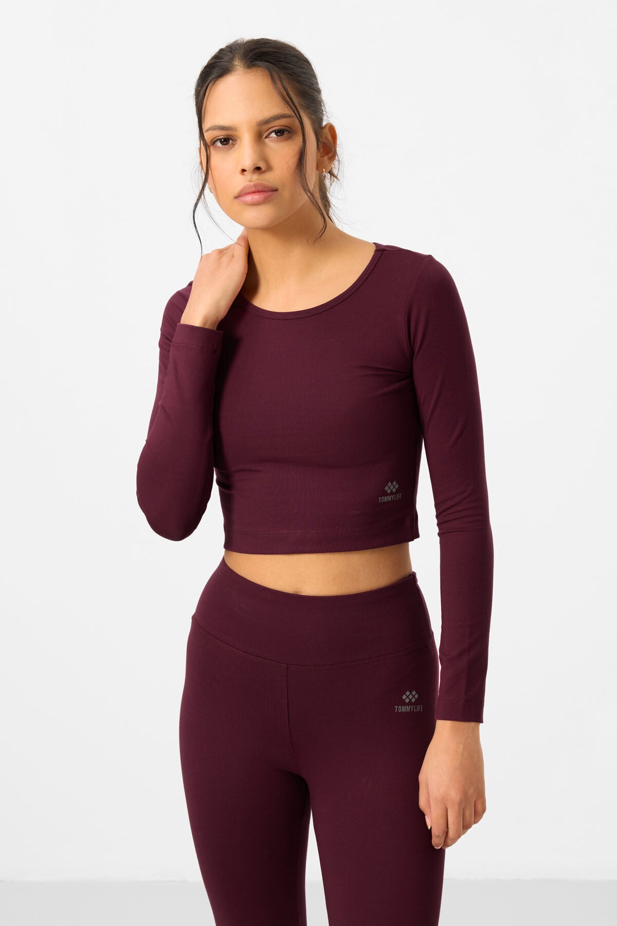 Image of Bordo Yüksek Bel Uzun Kollu Slim Fit Crop Top Kadın Tayt Takım - 95286