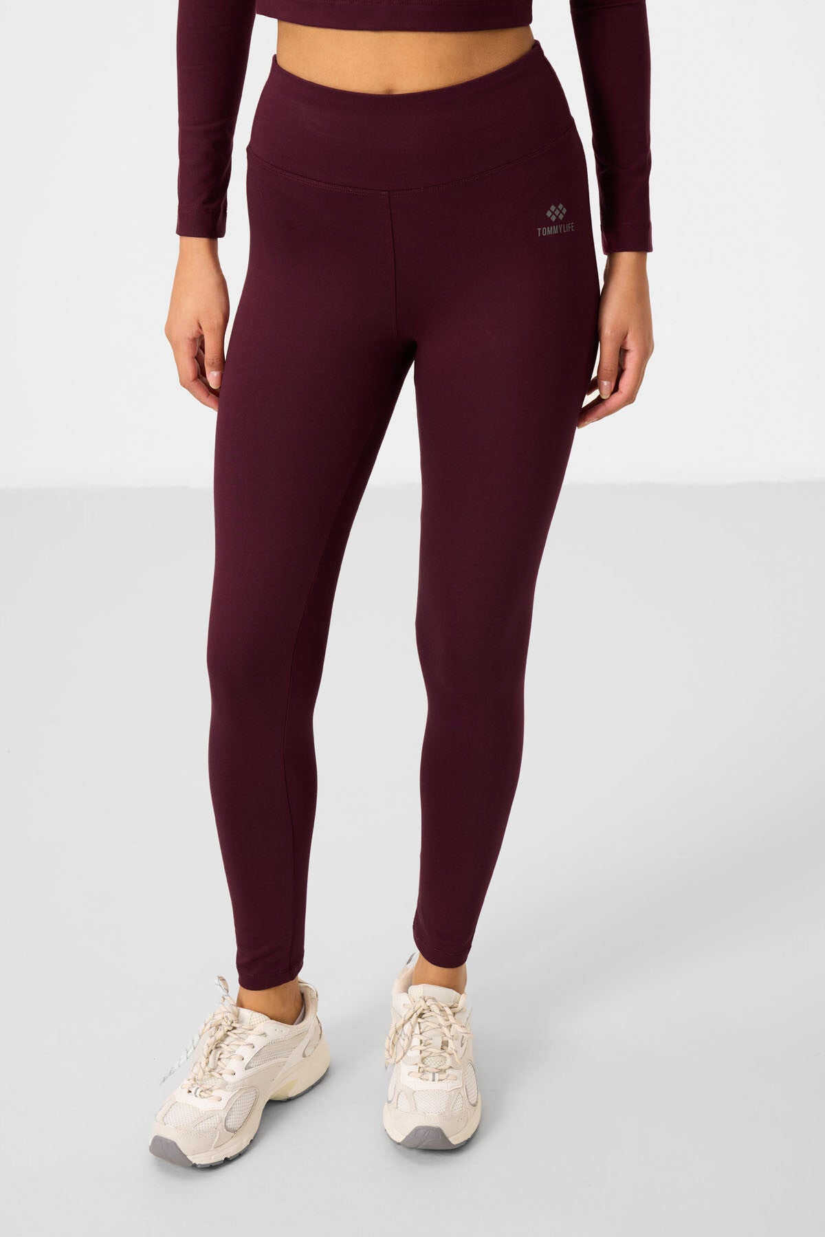 Image of Bordo Yüksek Bel Uzun Kollu Slim Fit Crop Top Kadın Tayt Takım - 95286